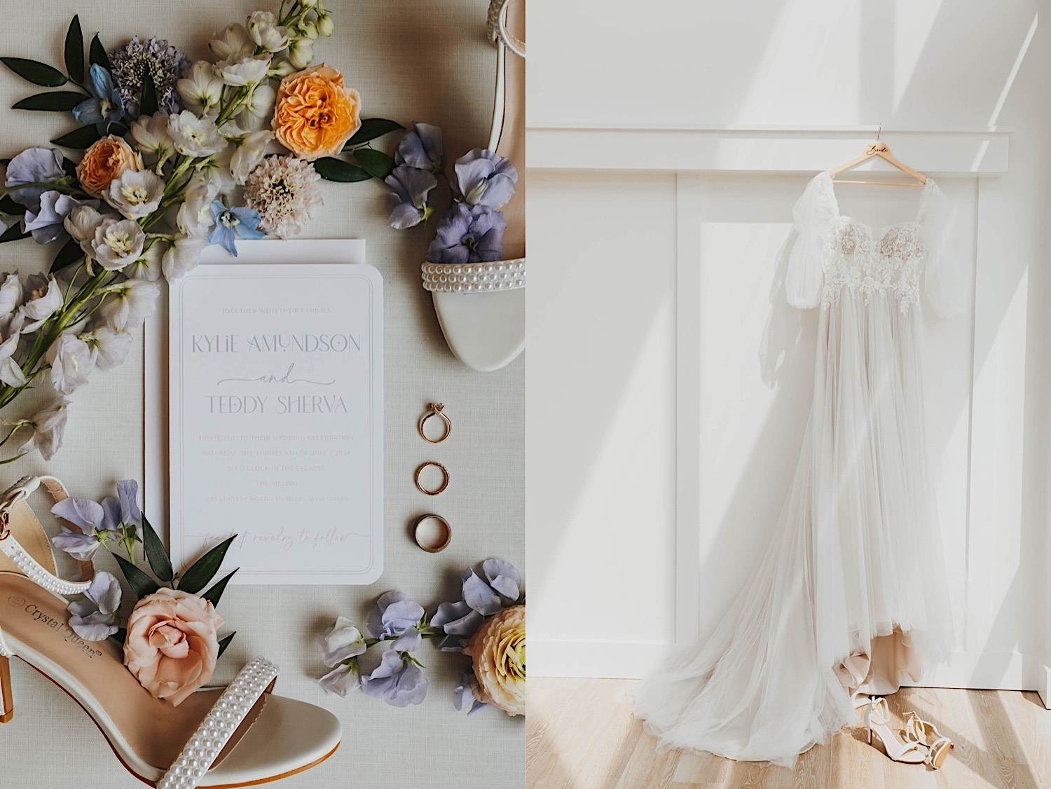 2 photos side by side, the left is of a wedding invite surrounded by flowers on a table, the right is of a wedding dress hanging on a wall