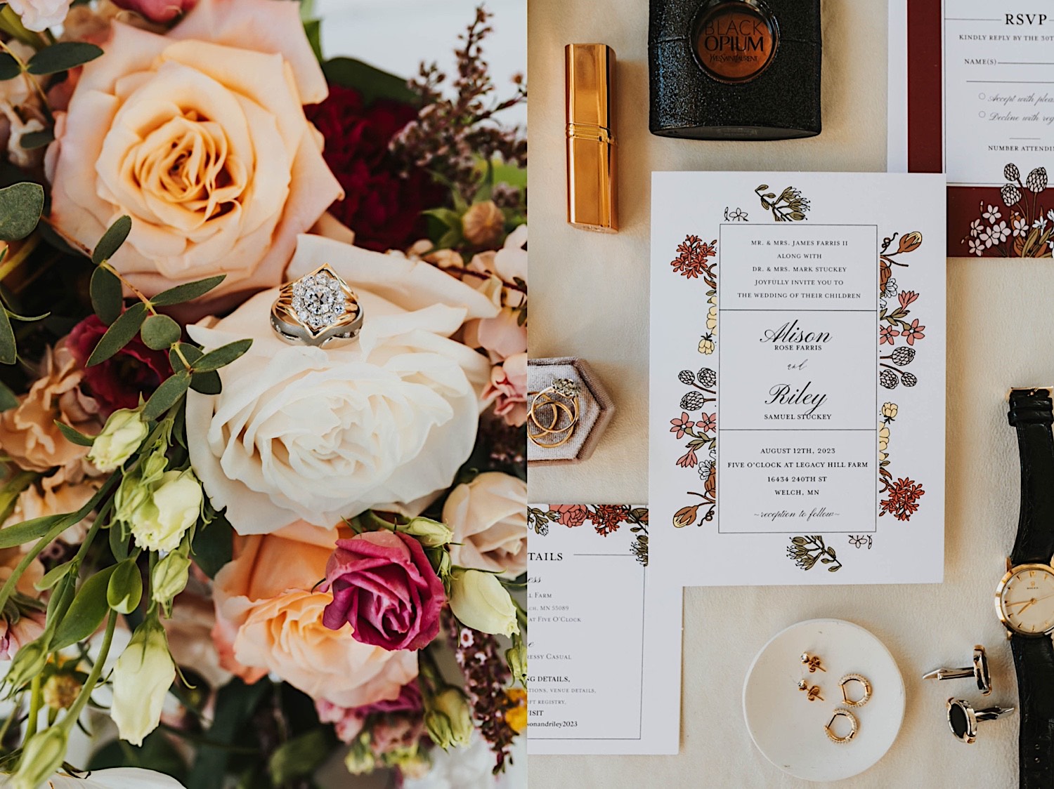2 photos side by side, the left is of a wedding ring resting on a flower that is part of a bouquet, the right is a wedding day flatlay