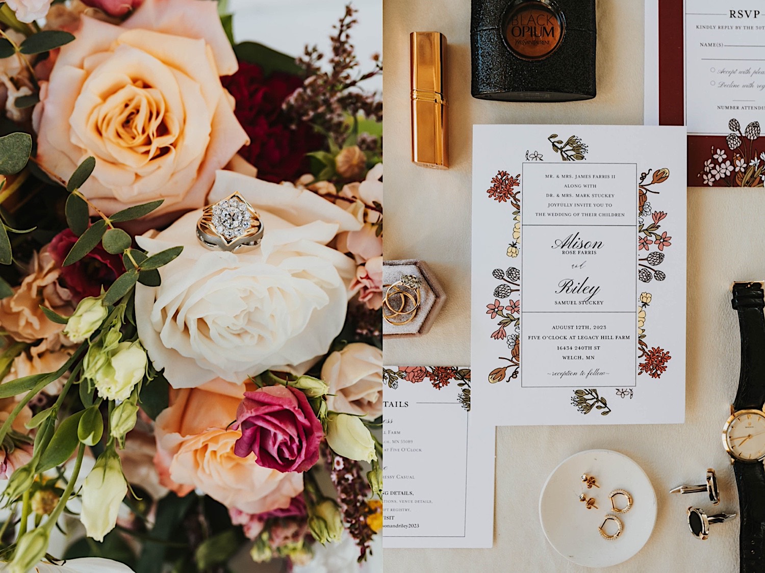 2 photos side by side, the left is of a wedding ring resting on a flower that is part of a bouquet, the right is a wedding day flatlay 2 photos side by side, the left is of a wedding ring resting on a flower that is part of a bouquet, the right is a wedding day flatlay
