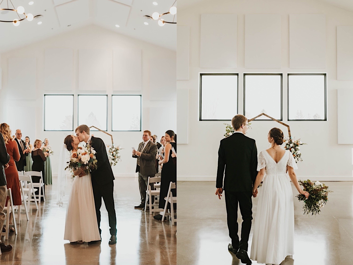 2 photos side by side, the left is of a bride and groom kissing while walking down the aisle together, the right is of the bride and groom walking down the aisle away from the camera 2 photos side by side, the left is of a bride and groom kissing while walking down the aisle together, the right is of the bride and groom walking down the aisle away from the camera