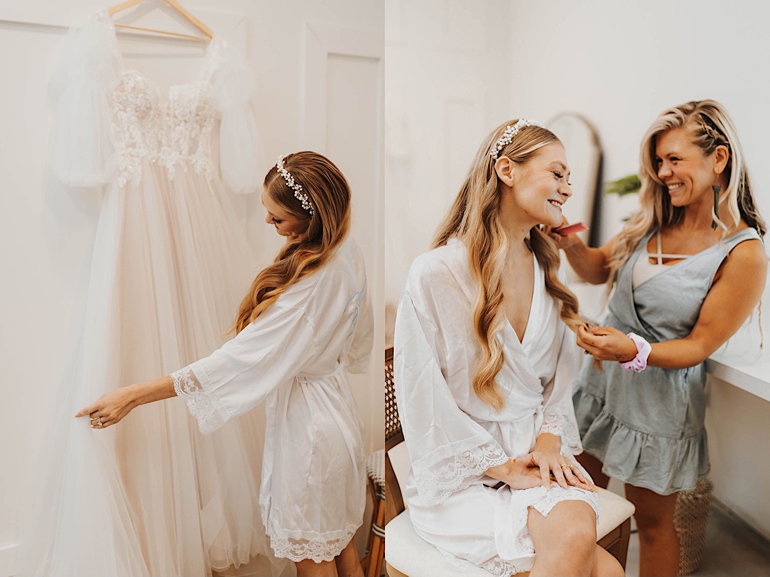 2 photos side by side, the left is of a bride looking at and touching her wedding dress as it hangs on a wall in front of her, the right is of the bride sitting in a chair getting her hair and makeup done for her wedding day