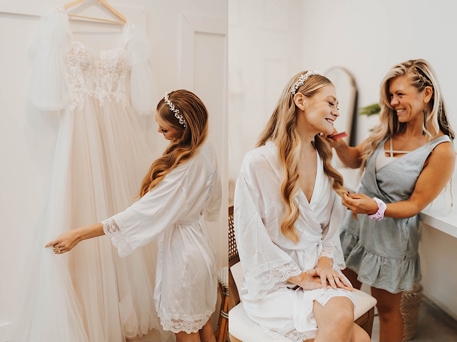 2 photos side by side, the left is of a bride looking at and touching her wedding dress as it hangs on a wall in front of her, the right is of the bride sitting in a chair getting her hair and makeup done for her wedding day 2 photos side by side, the left is of a bride looking at and touching her wedding dress as it hangs on a wall in front of her, the right is of the bride sitting in a chair getting her hair and makeup done for her wedding day