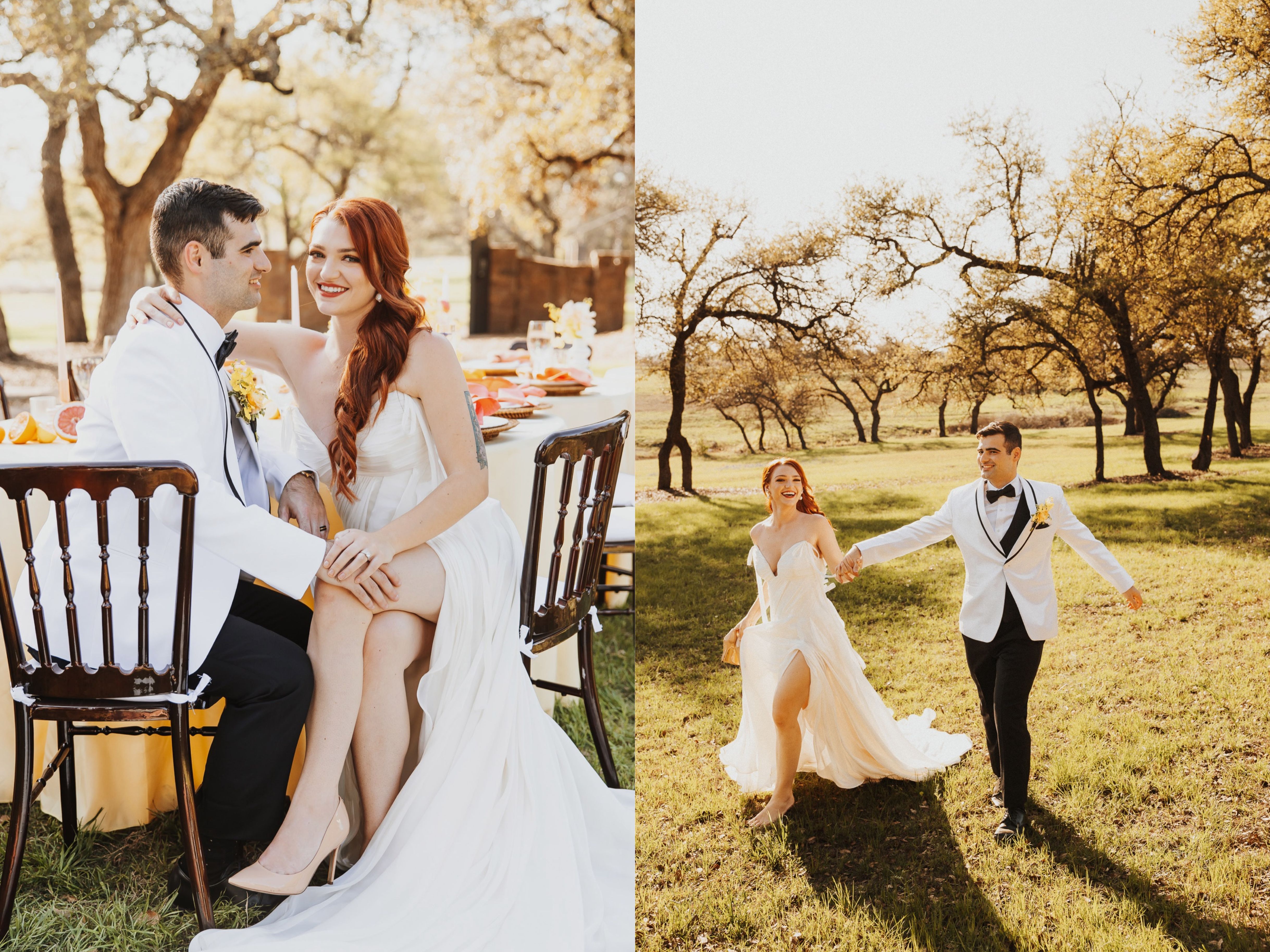 A bride and groom sit at their outdoor wedding reception in California surrounded by spring blooming trees.