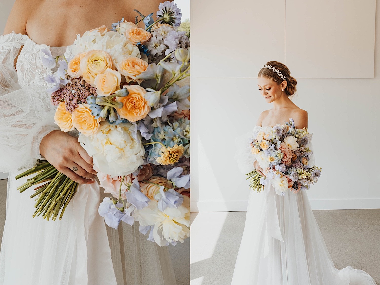 2 photos side by side, the left is a close up of a bouquet of flowers being held by a bride, the right is the same bride and bouquet but taken further away