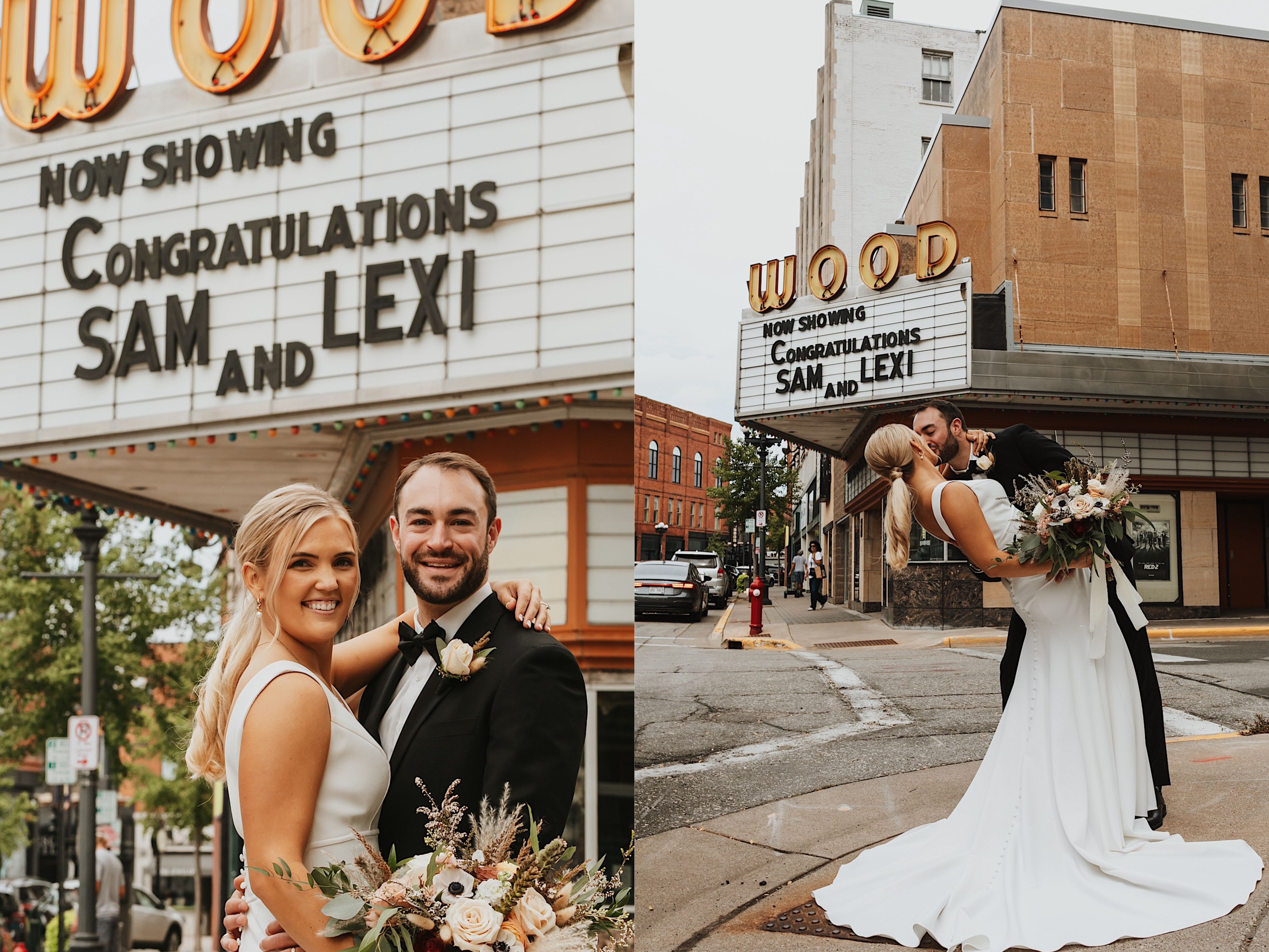 2 photos side by side of a bride and groom in front of a movie theater sign saying "Now Showing Congratulations Sam and Lexi", the left photo they are smiling at the camera and the right has them kissing