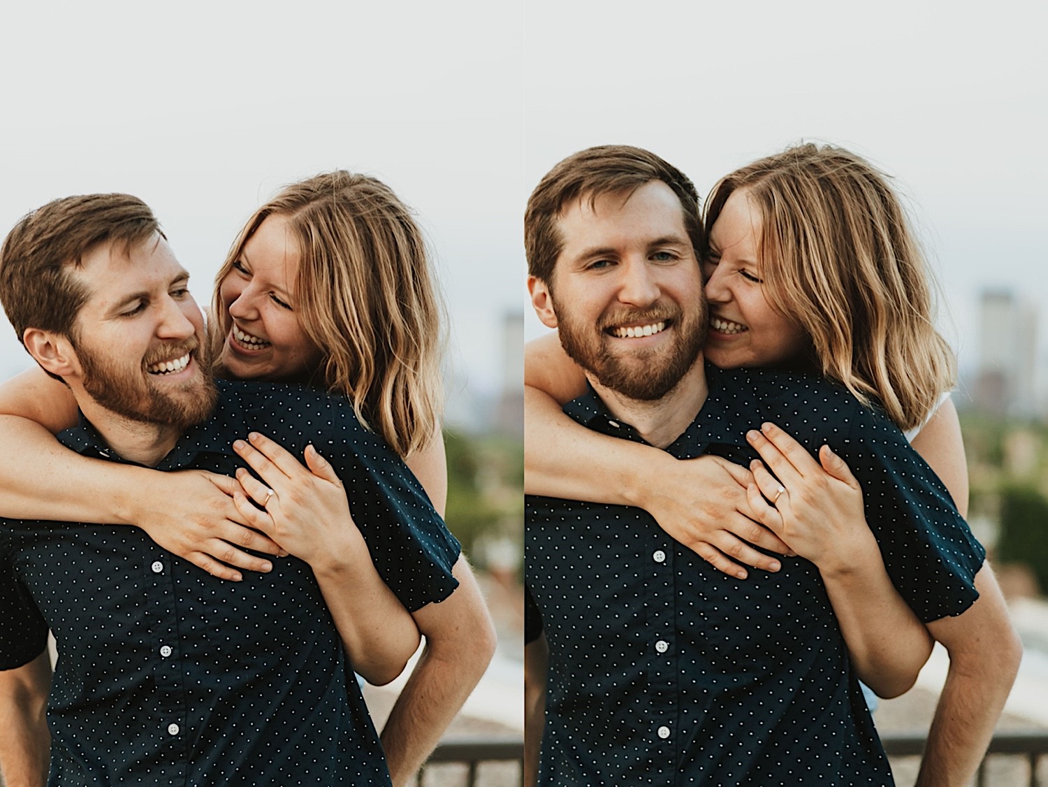 2 photos side by side of a man with a woman riding piggy back as the two smile at one another