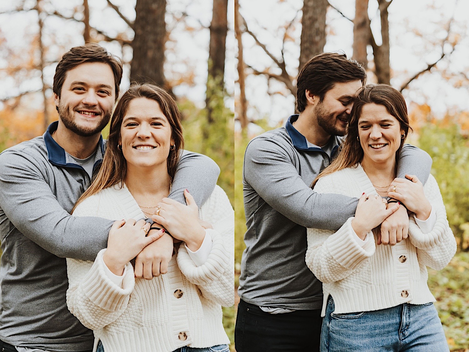 2 photos side by side of a man hugging a woman while in a forest in Theodore Wirth Park of Minneapolis