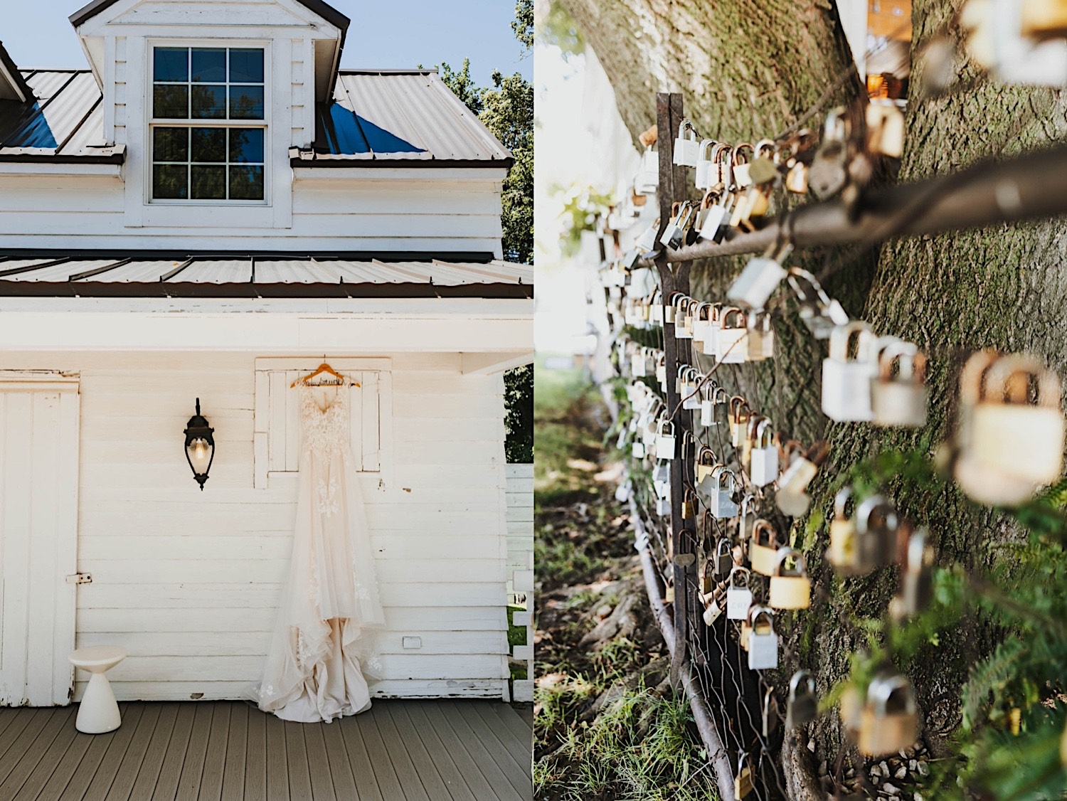 2 photos side by side, the left is of a wedding dress hanging on the front door of a white building, the right is of a wire fence with padlocks dangling on the wires