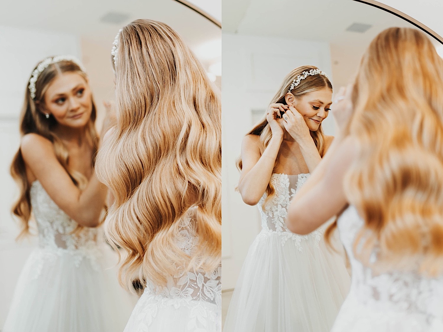 2 photos side by side of a bride standing in a mirror in her wedding dress adjusting her earrings