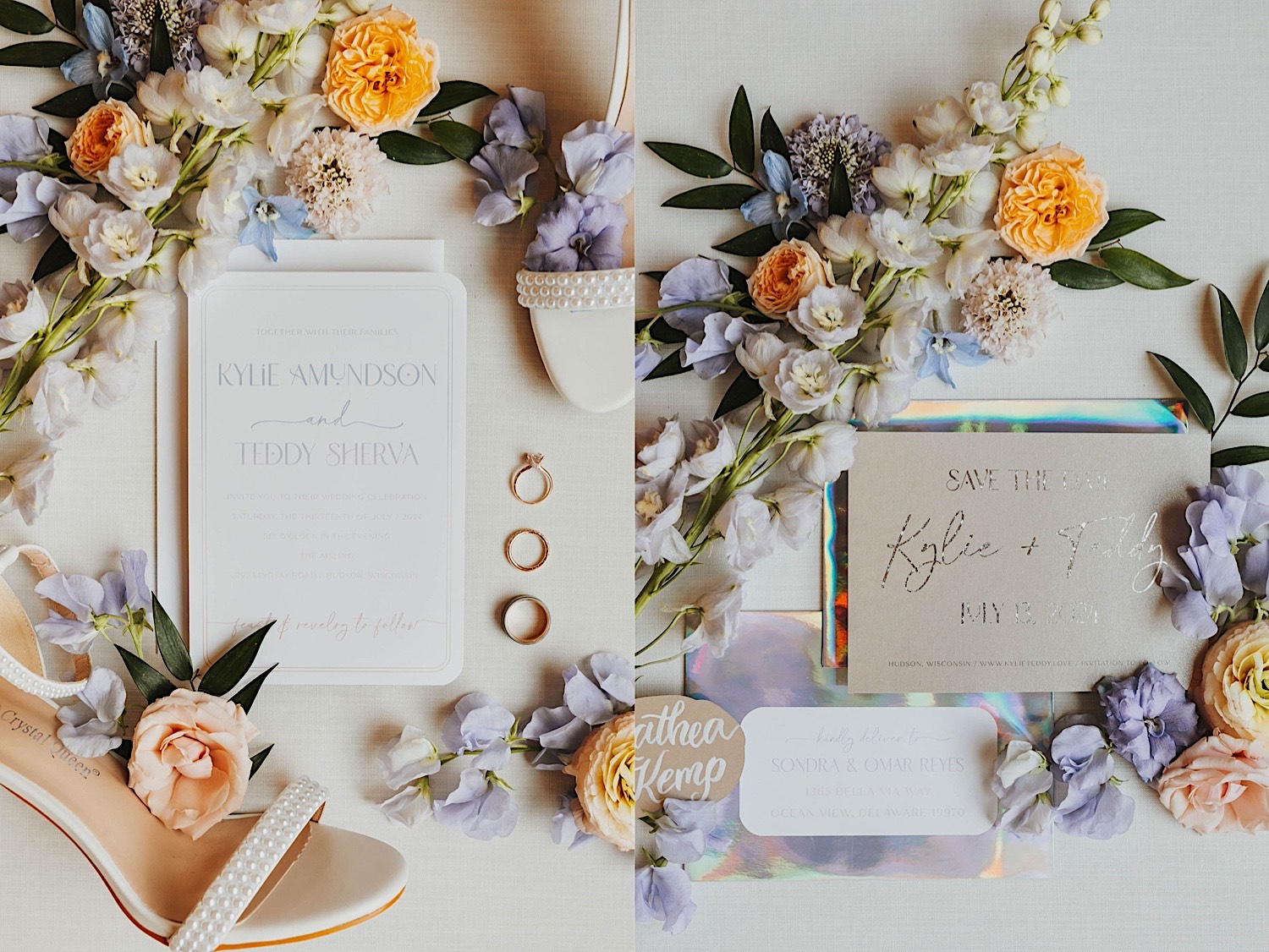 2 photos side by side, the right is of an invitation to a wedding with flowers around it, the right is of a save the date for a wedding with flowers around it