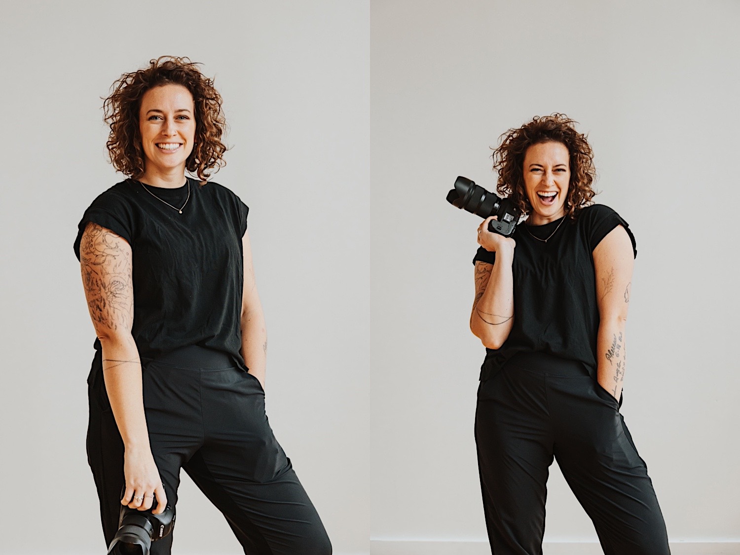 2 photos side by side of Chelsea from Sage River Studios smiling at the camera while holding her camera