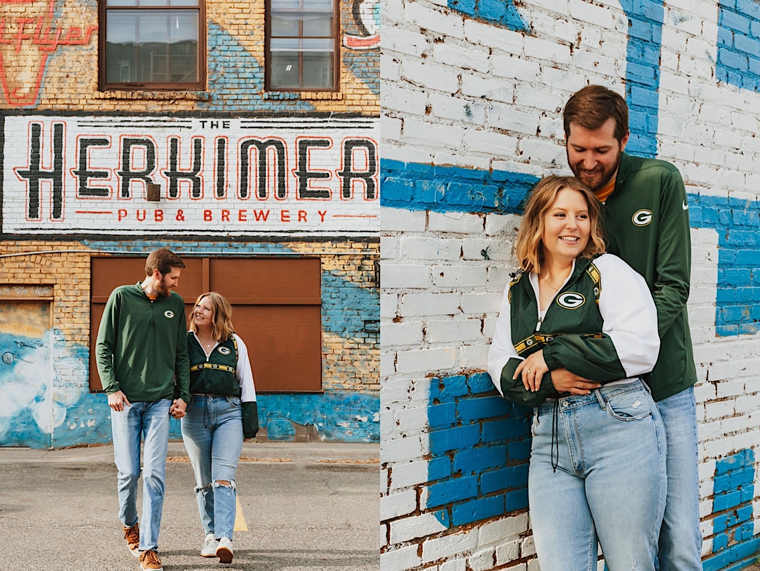 2 photos side by side of a couple, the left is of them holding hands and walking towards the camera, the right is of the man hugging the woman from behind while they lean against a brick wall