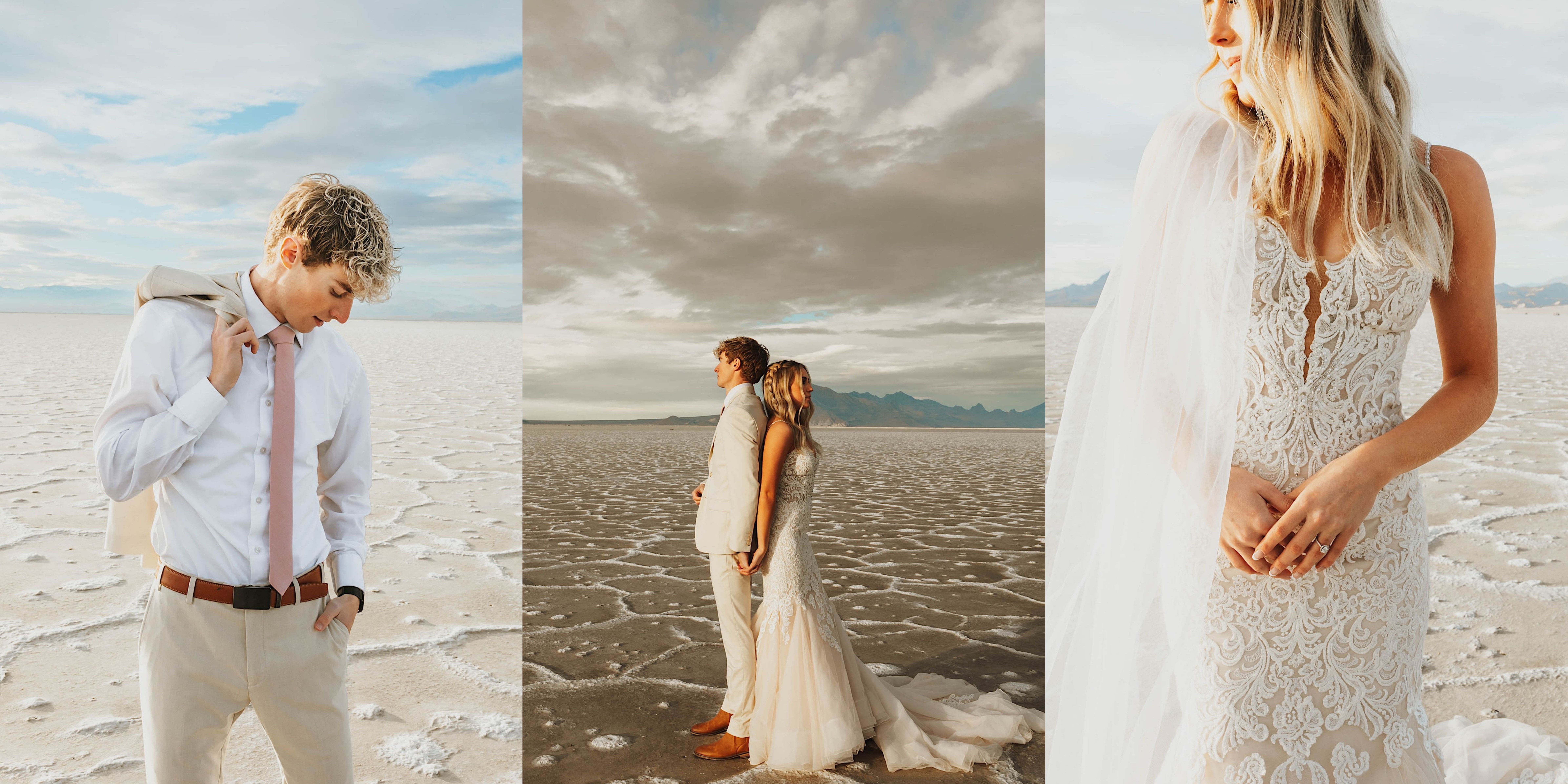 3 photos side by side, the left is of a groom holding his suit coat over his shoulder and looking at the ground, the middle photo of is of the groom and a bride standing back to back and holding hands, the right is of the bride holding her hands and looking left, each photo was taken in the Utah Salt Flats