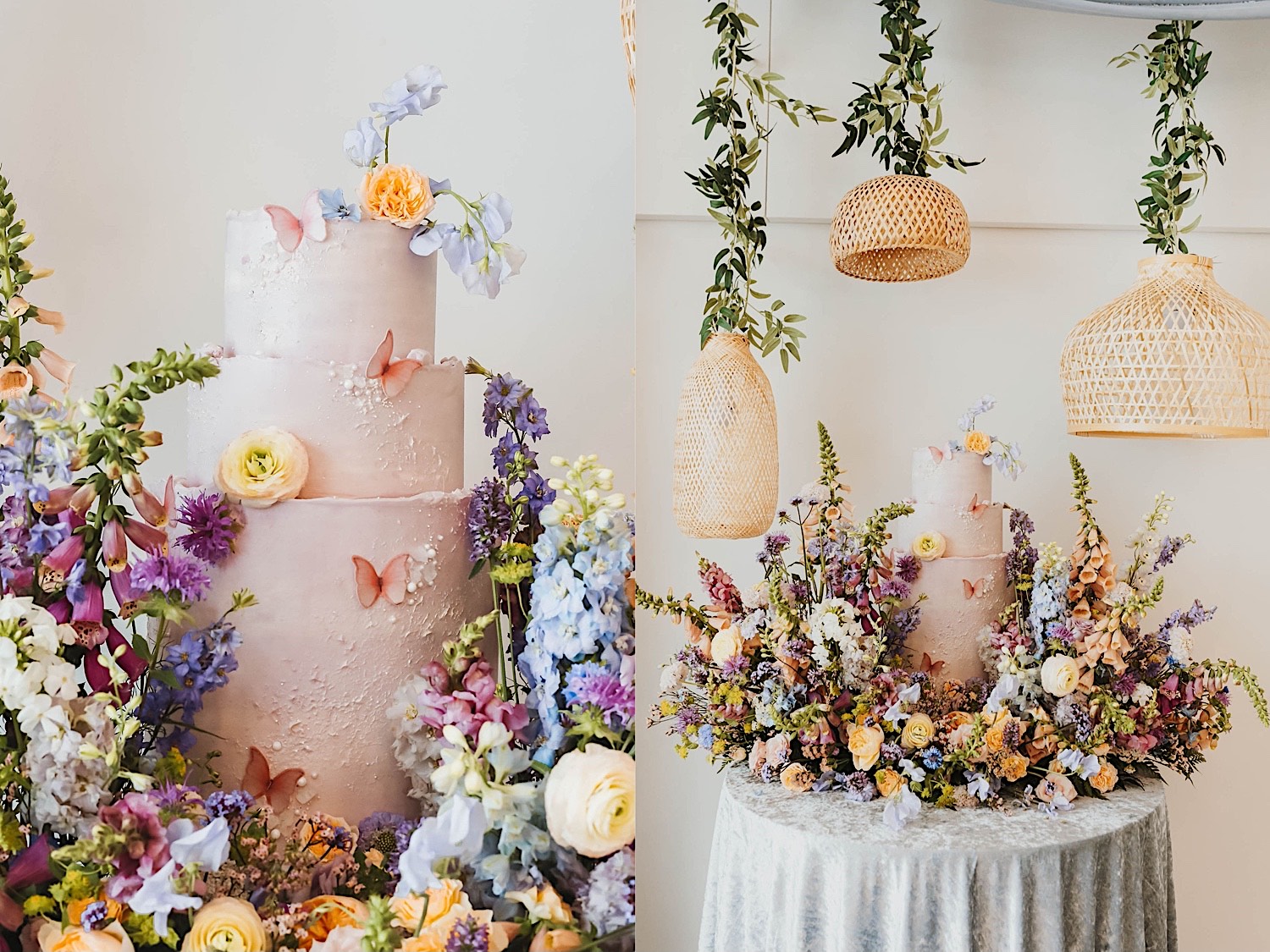2 photos side by side of a wedding cake, the left is a close up while the right is taken further away