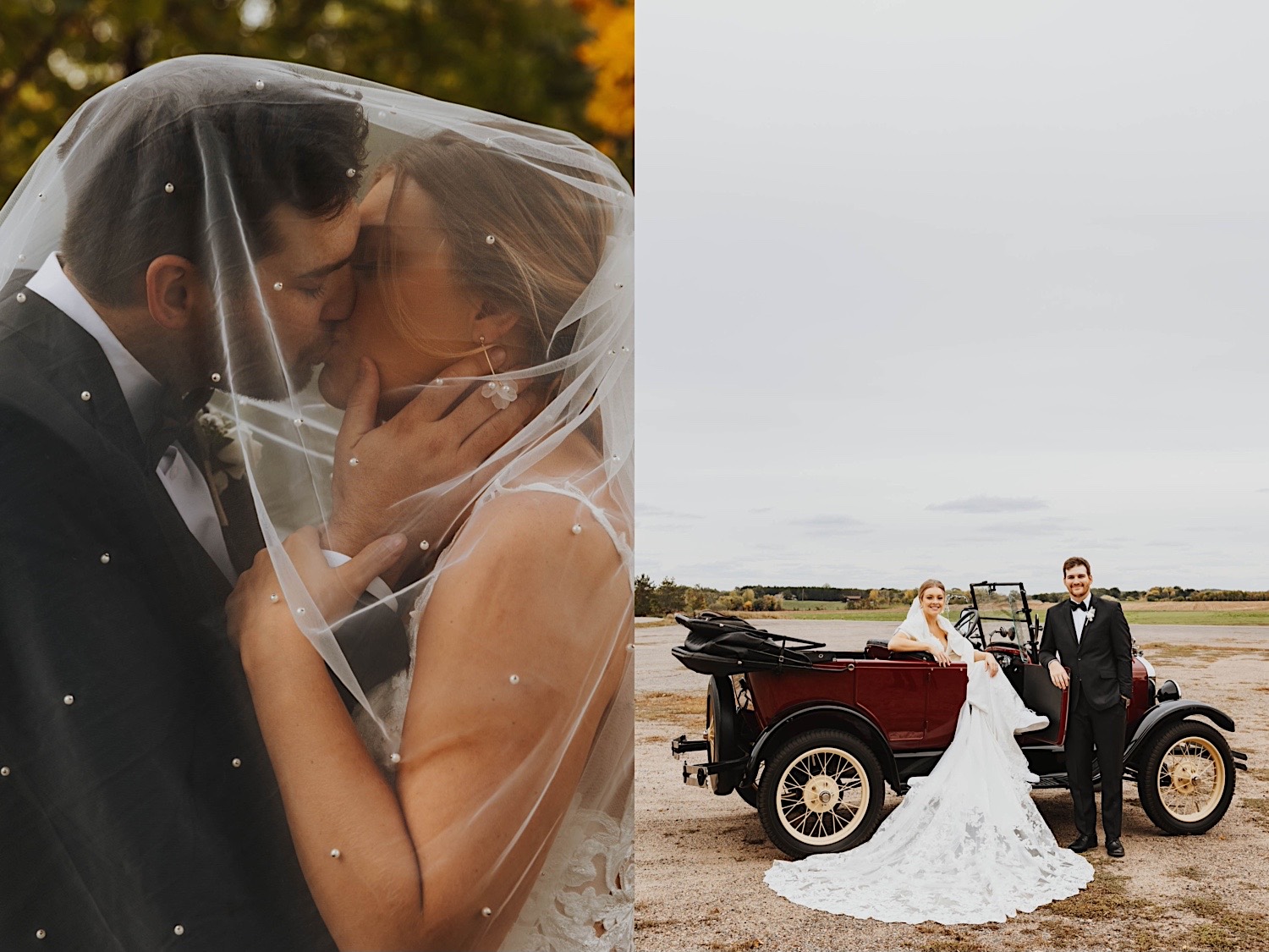 2 photos side by side, the left is of a bride and groom kissing under the bride's veil, the right is of a bride and groom posing for a photo next to a classic car 2 photos side by side, the left is of a bride and groom kissing under the bride's veil, the right is of a bride and groom posing for a photo next to a classic car