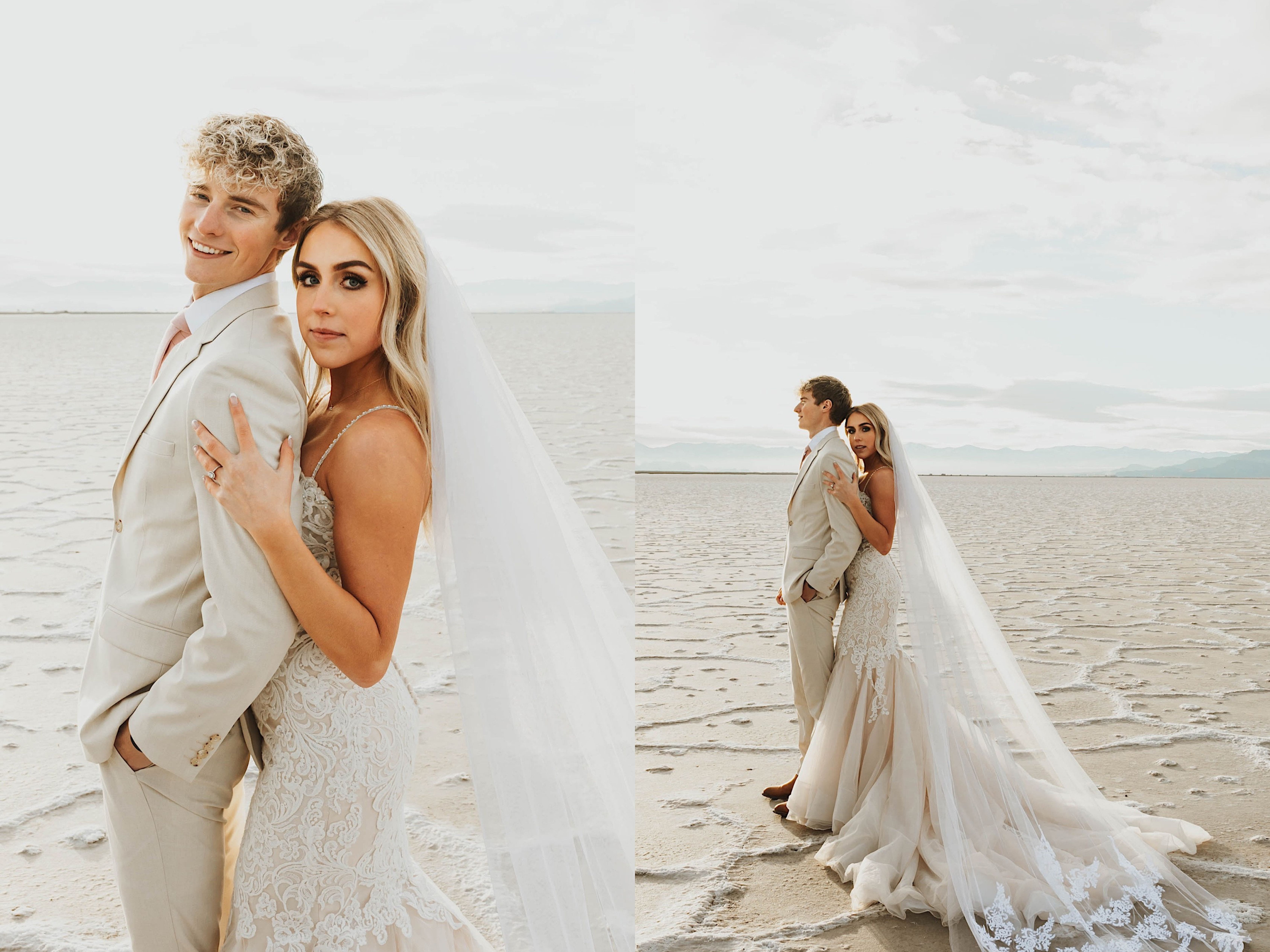 2 photos side by side, the left is of a bride and groom smiling at the camera, the bride is standing behind the groom, the right photo is the couple in the same position but from farther away showing off the Utah Salt Flats behind them