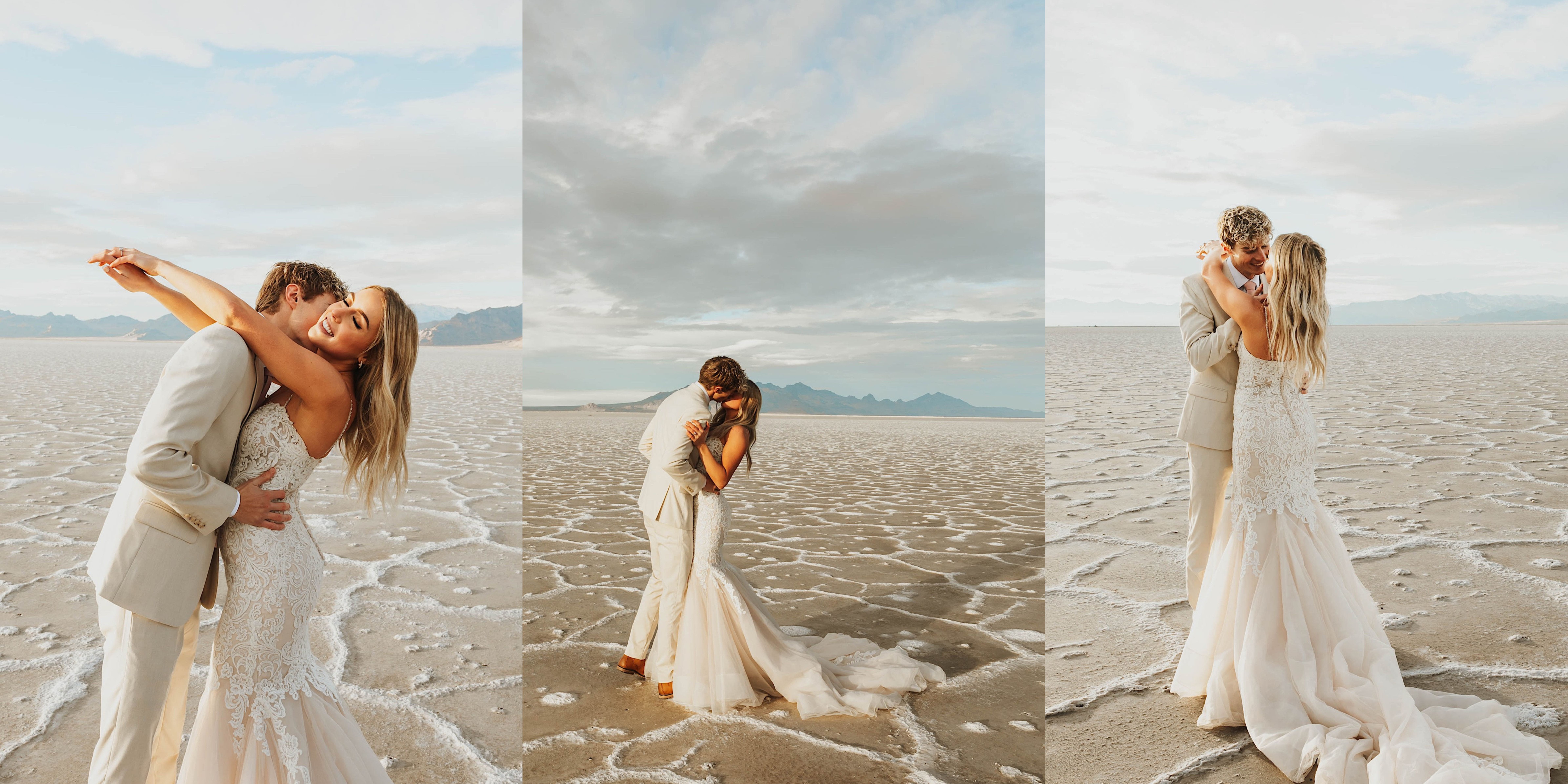3 photos side by side of a bride and groom together in the Utah Salt Flats, the left is of the groom kissing the bride on the neck as she smiles, the middle is of them kissing one another, and the right is of the brides back as she embraces the groom and he smiles at her