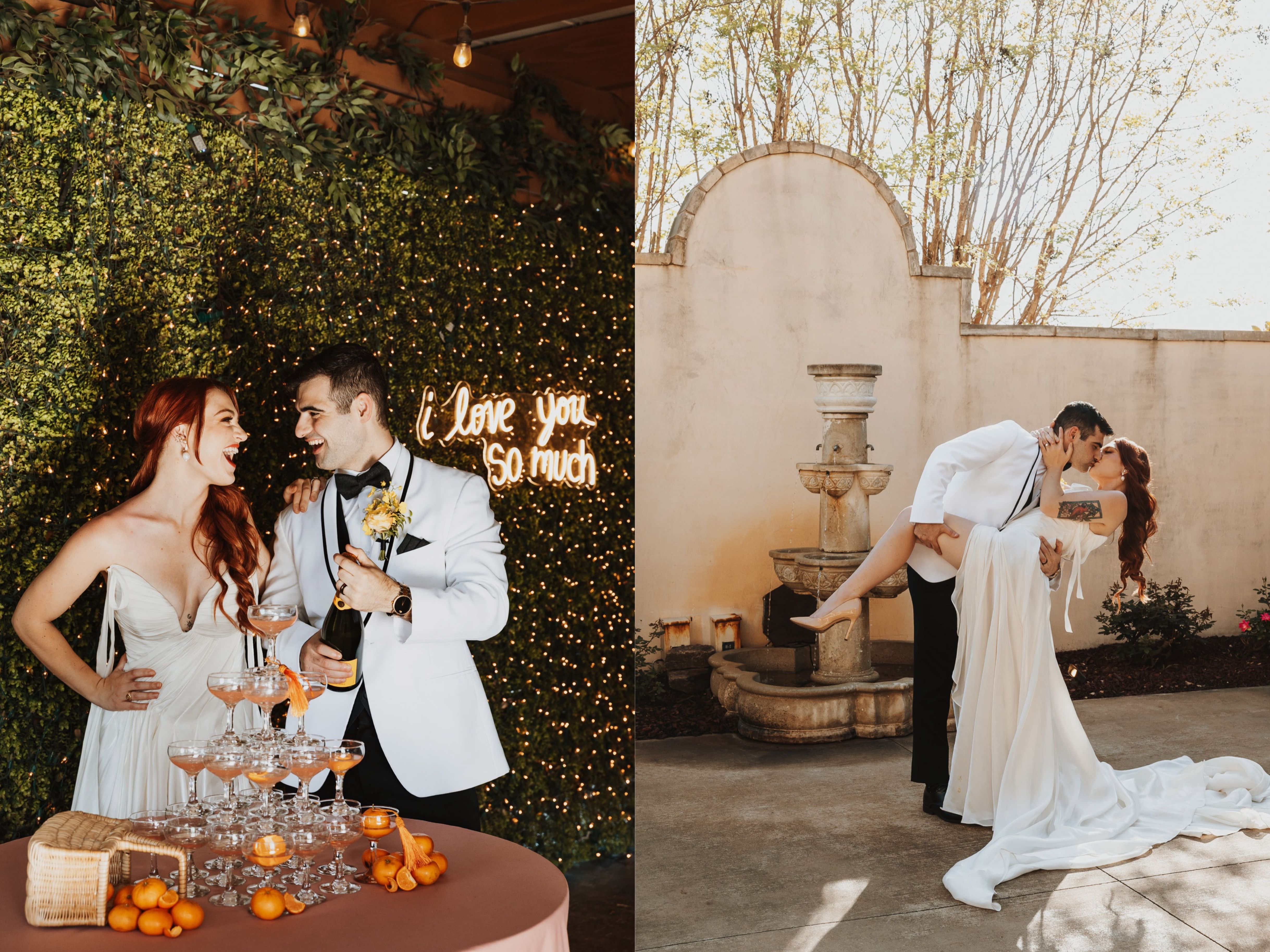 Tuscan inspired wedding venue in the United States, a bride and groom pop champagne at their black tie wedding in California
