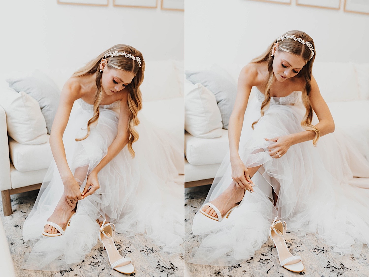 2 photos side by side of a bride sitting on a white couch putting on her shoes for her wedding day