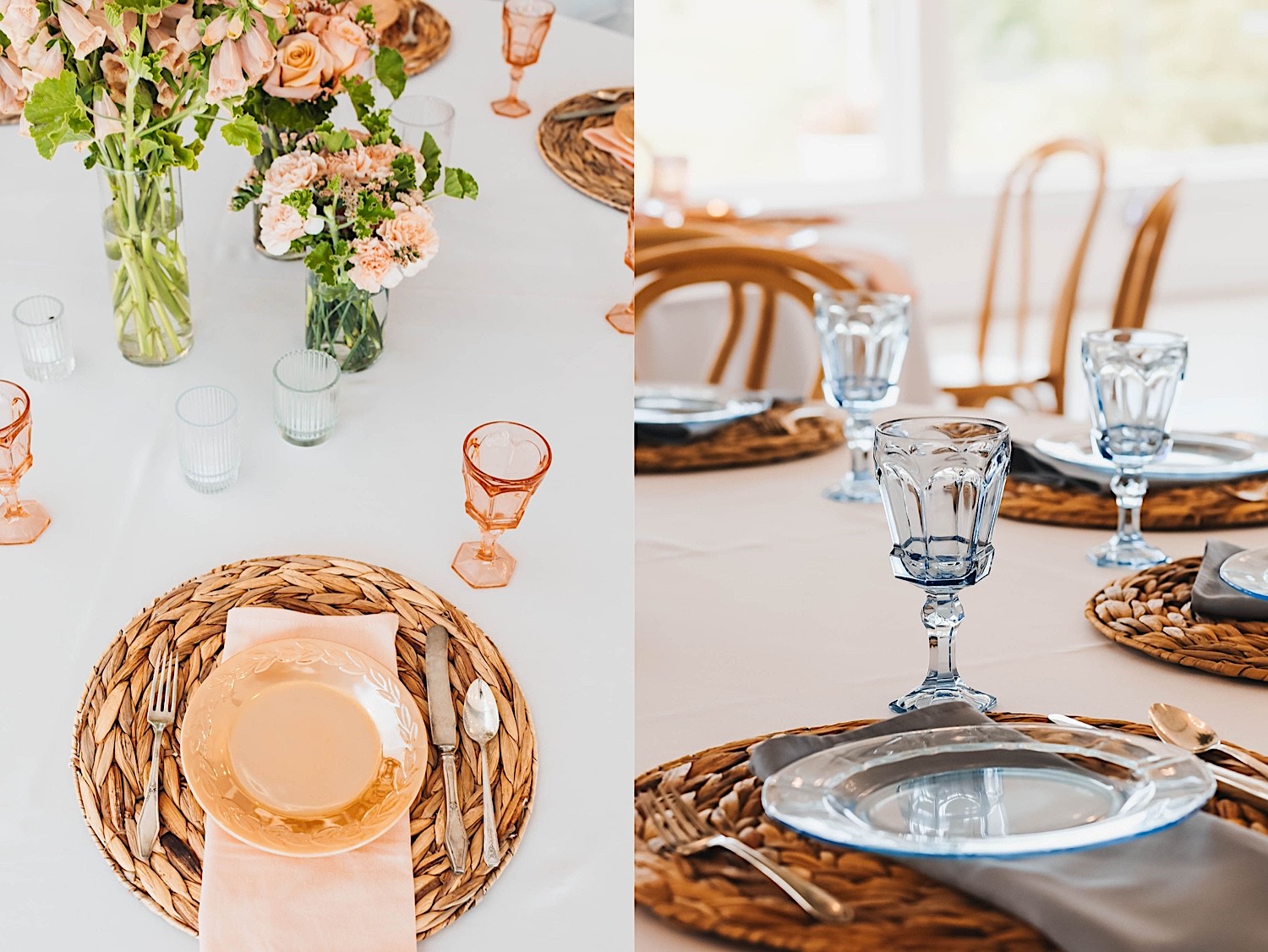 2 photos side by side of tableware set up on a table for a wedding, the left photo is pink tableware and the right photo is of light blue tableware
