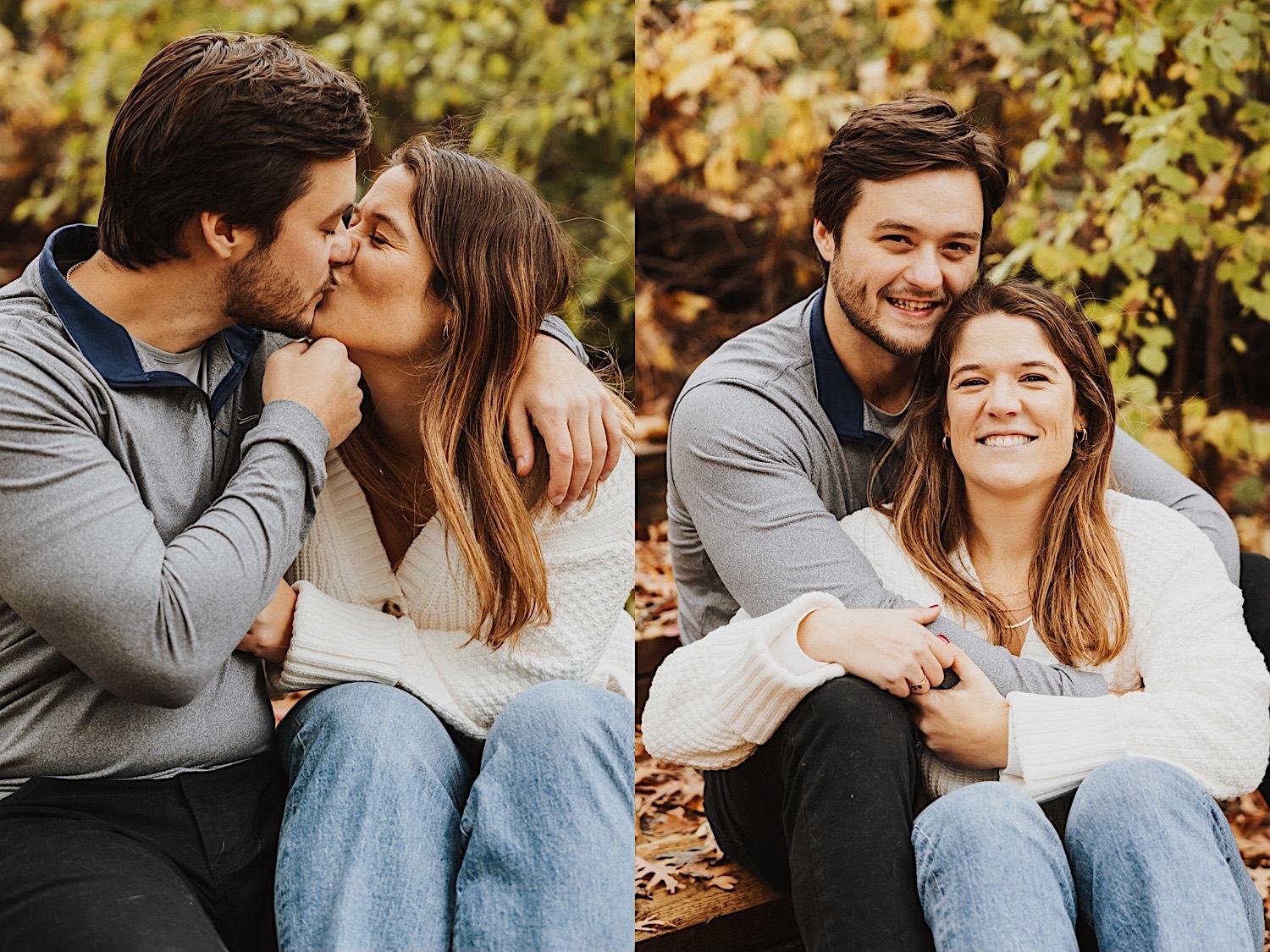 2 photos side by side of a couple sitting on the ground in Theodor Wirth park, the left is of them kissing and the right is of them smiling at the camera