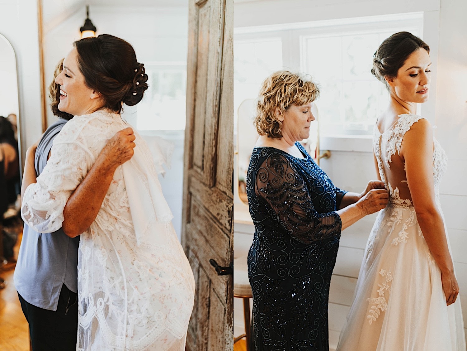 2 photos side by side, the left is of a bride hugging her mother and smiling before putting on her wedding dress, the right is of the mother buttoning up the back of the bride's wedding dress