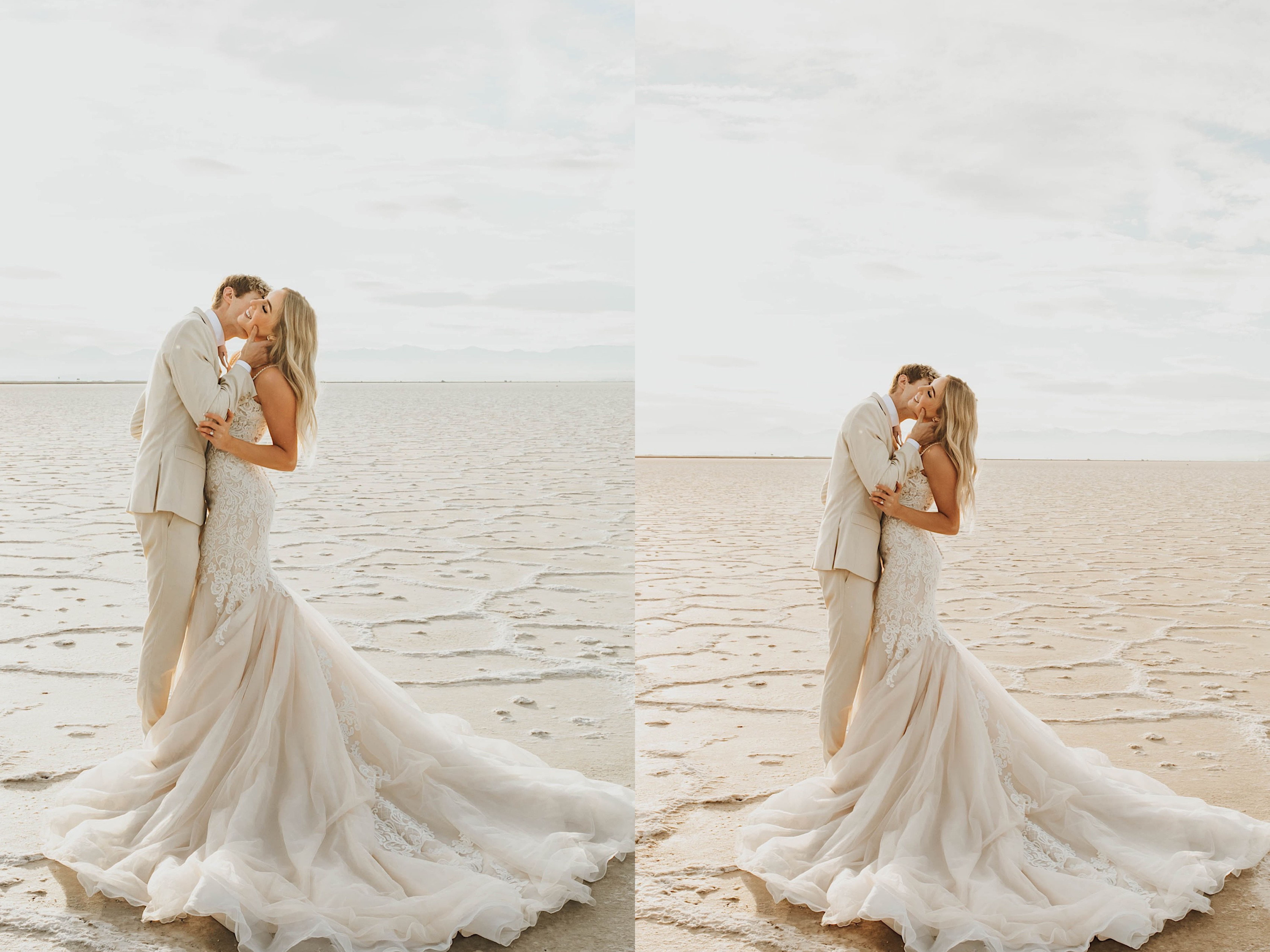2 photos side by side of a bride smiling as she is kissed on the neck by the groom while they stand in the Utah Salt Flats