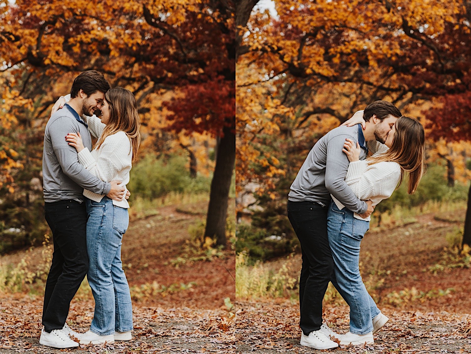 2 photos side by side of a couple standing in Theodore Wirth park, the left is of them about to kiss and the right is of them as they kiss