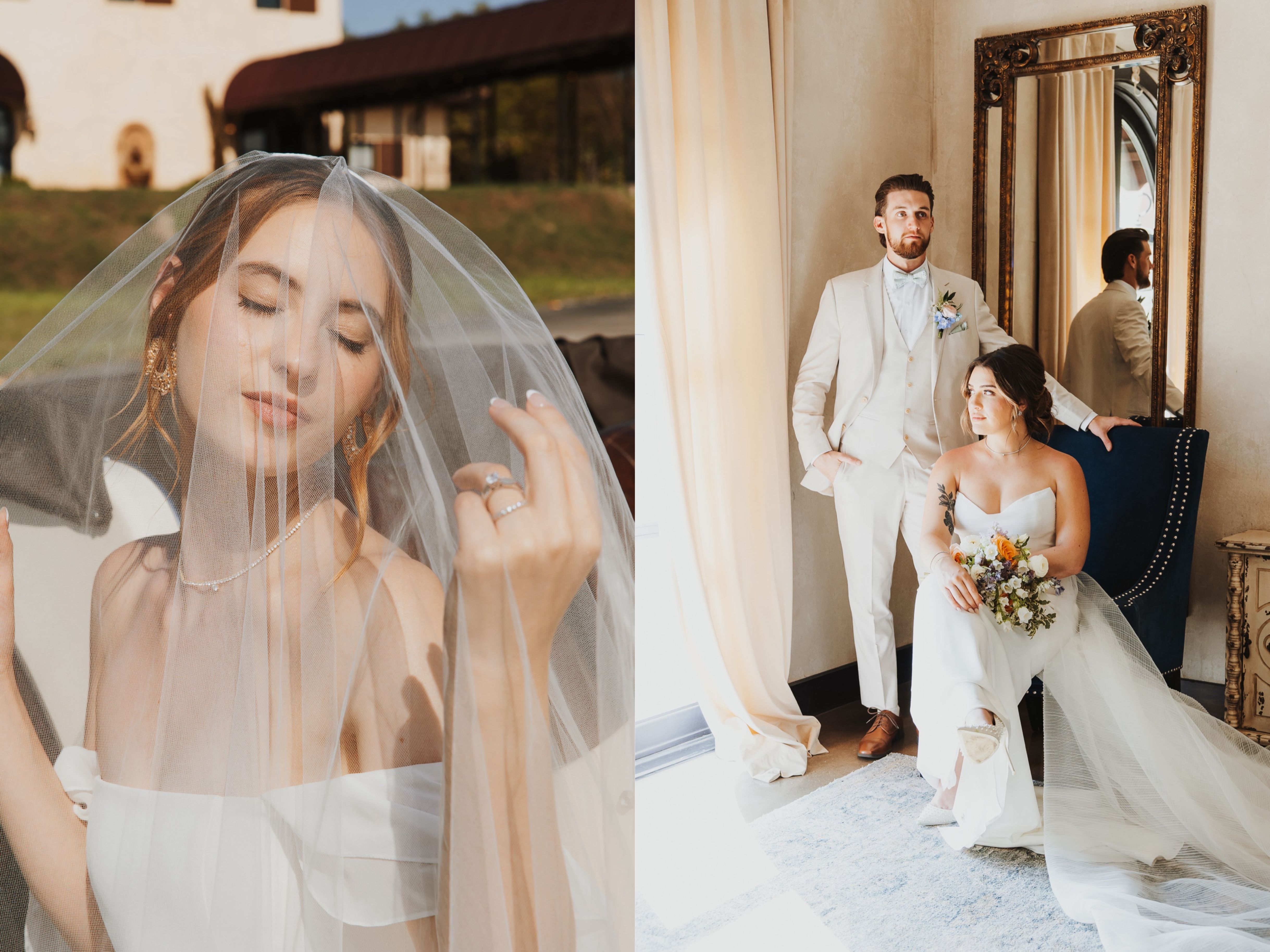 Destination wedding photographer takes solo bridal portraits outside of tuscan inspired wedding venue in California.  Bride and groom stand inside their wedding venue during their summer wedding in Minnesota after getting ready.