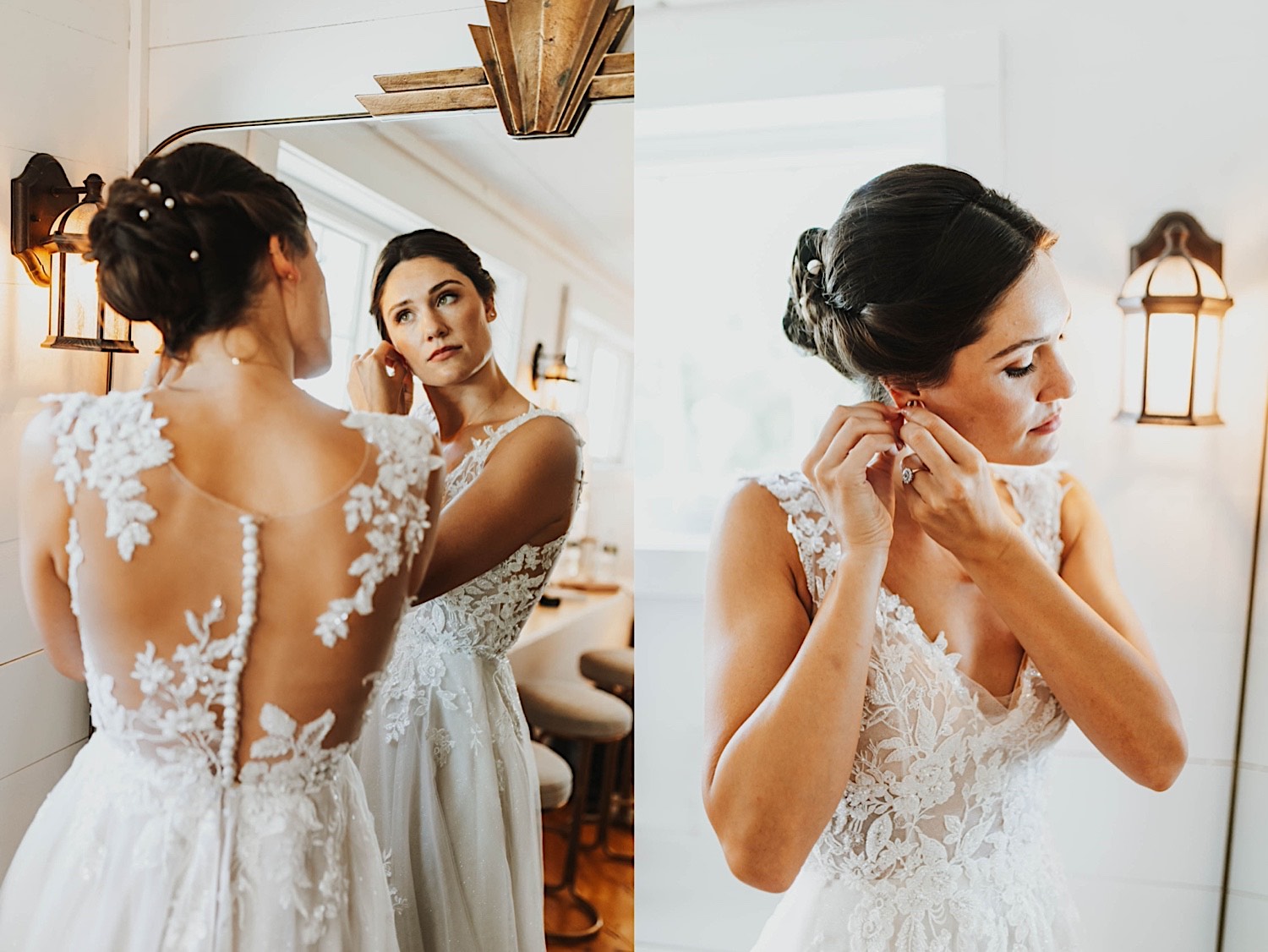 2 photos side by side, the left is of a bride in a mirror putting her earrings on, the right is of the bride putting her earrings on 2 photos side by side, the left is of a bride in a mirror putting her earrings on, the right is of the bride putting her earrings on