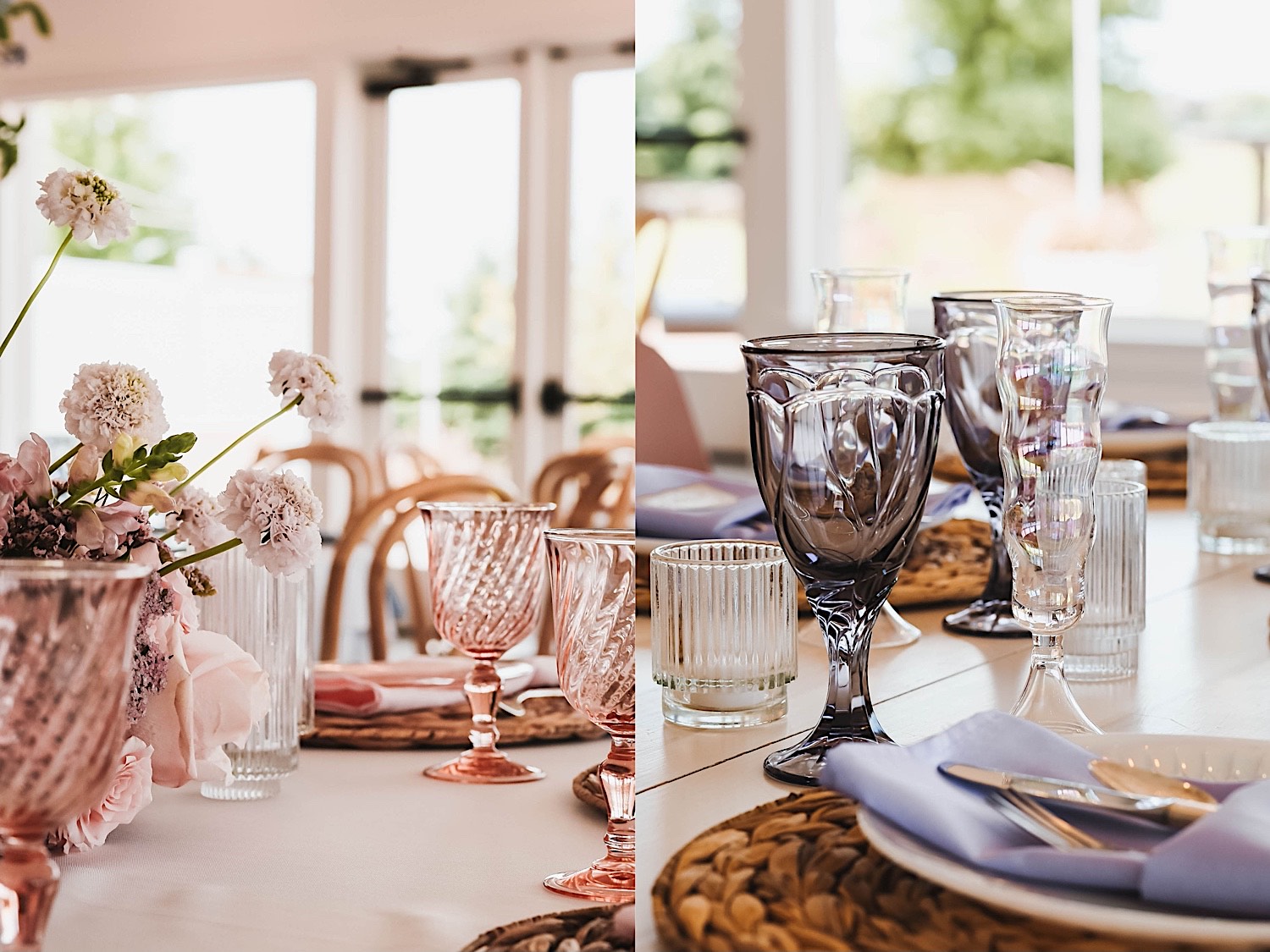 2 photos side by side of glass tableware on a table for a wedding, the glasses in the left photo are pink and in the right photo they are purple