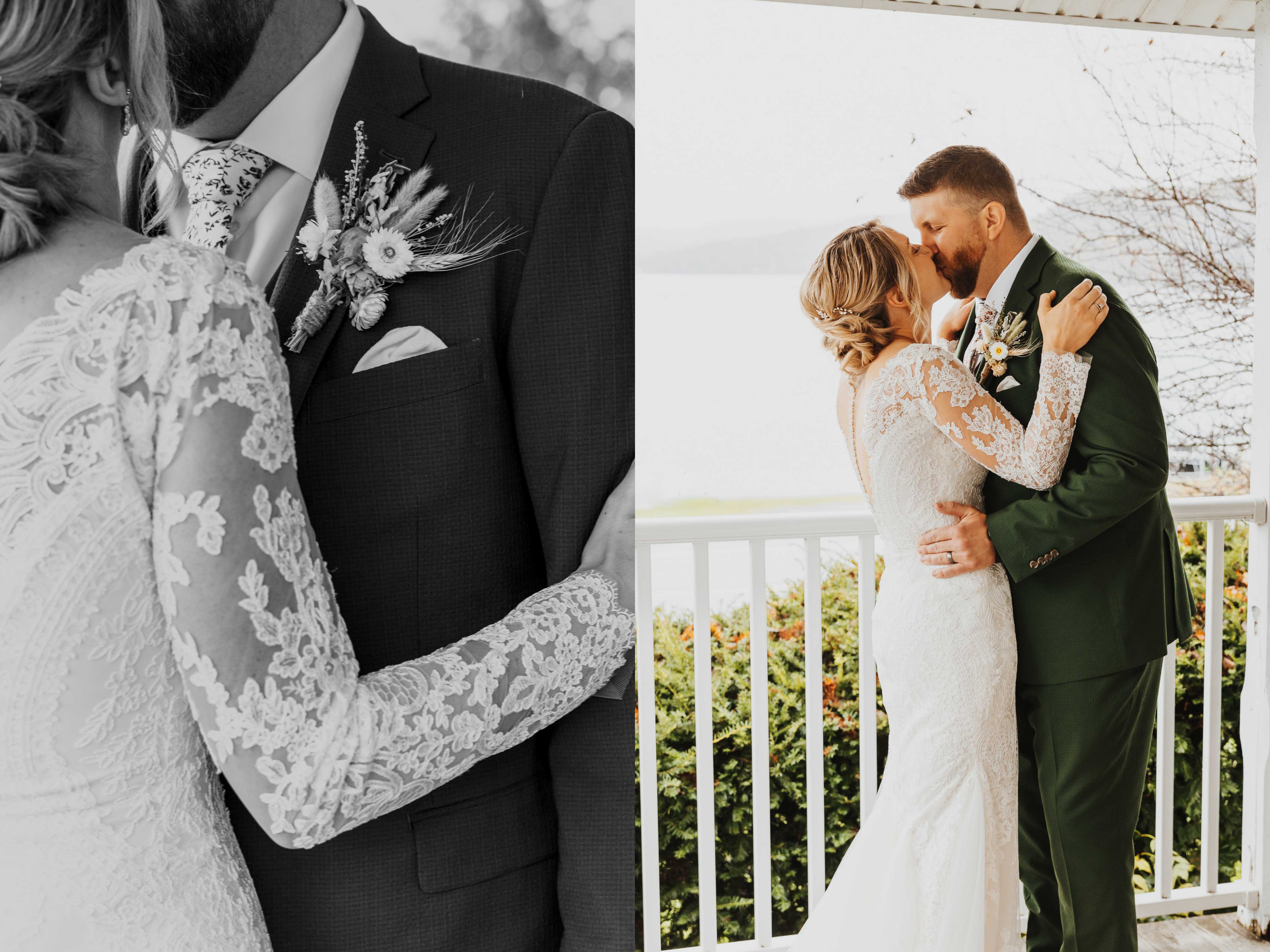 2 photos side by side, the left is a black and white close up photo of a bride and groom kissing, the right is a photo in color of them kissing taken further back