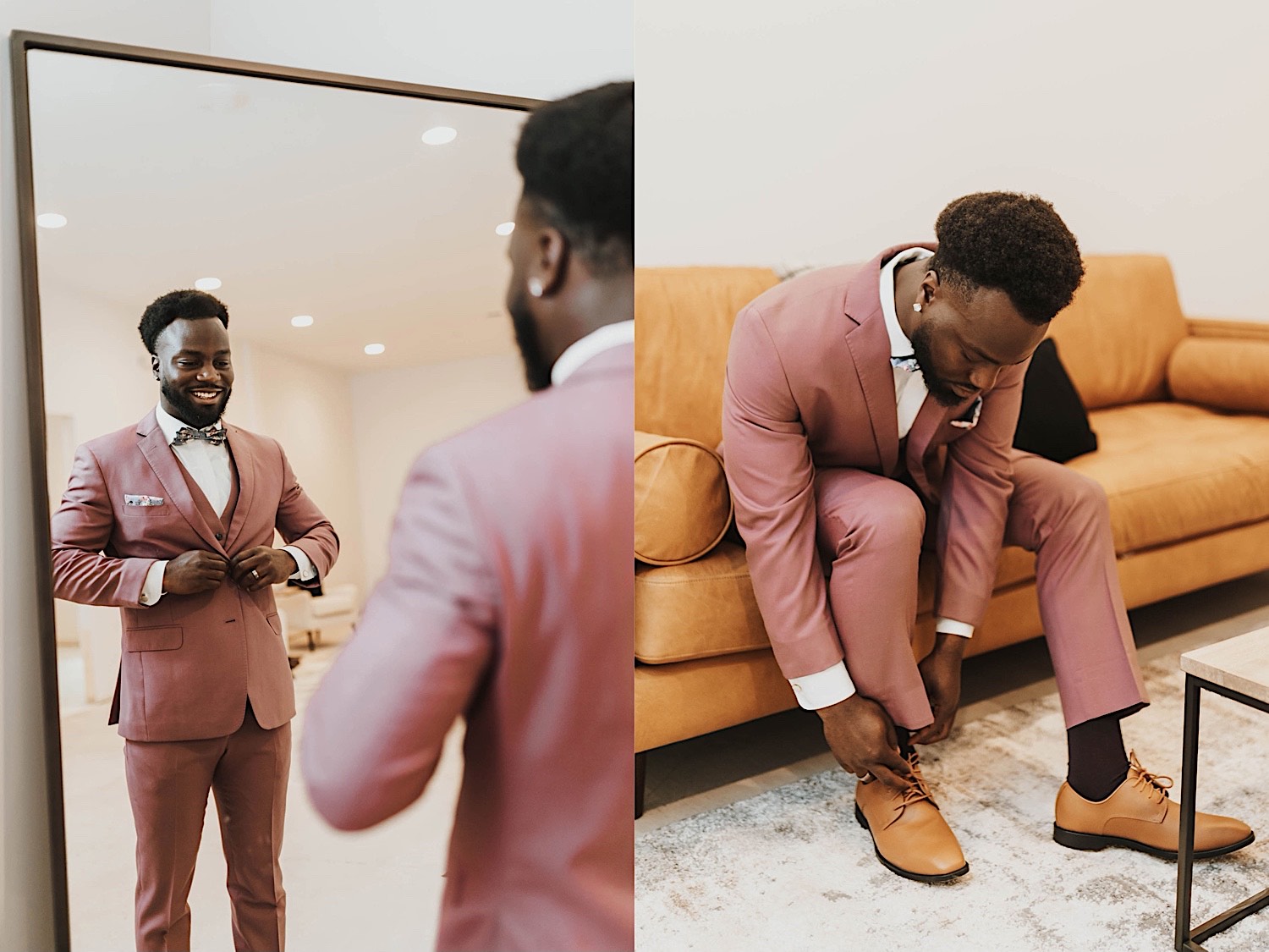 2 photos side by side, the left is of a groom standing in a mirror adjusting his suit coat, the right photo is of the groom sitting on a couch adjusting his shoes