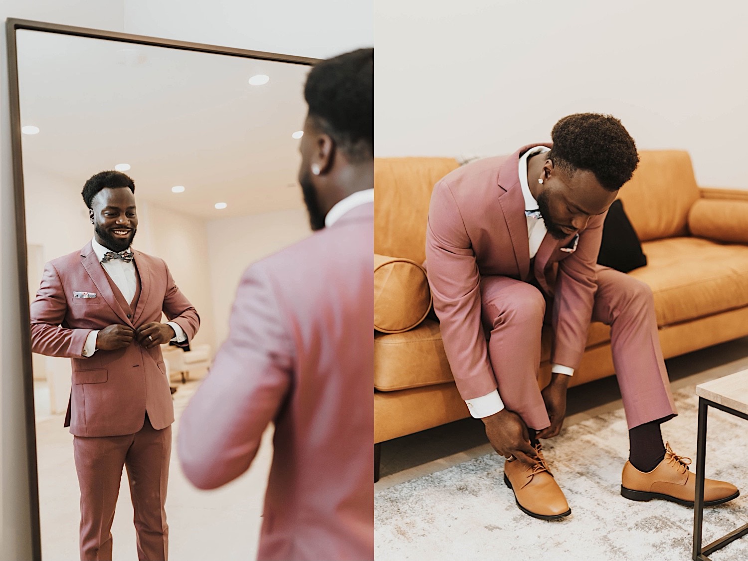 2 photos side by side, the left is of a groom standing in a mirror adjusting his suit coat, the right photo is of the groom sitting on a couch adjusting his shoes 2 photos side by side, the left is of a groom standing in a mirror adjusting his suit coat, the right photo is of the groom sitting on a couch adjusting his shoes