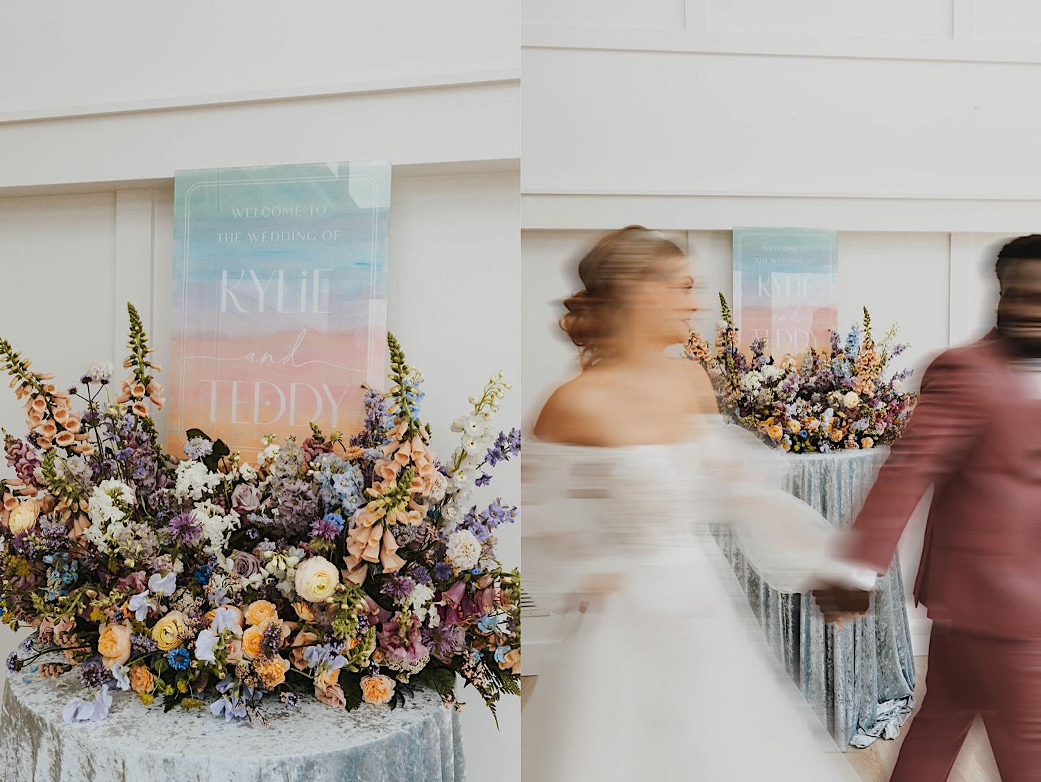 2 photos side by side, the left is of a sign that reads "Kylie and Teddy" behind a large array of flowers, the right photo is of the bride and groom out of focus walking in front of the same display