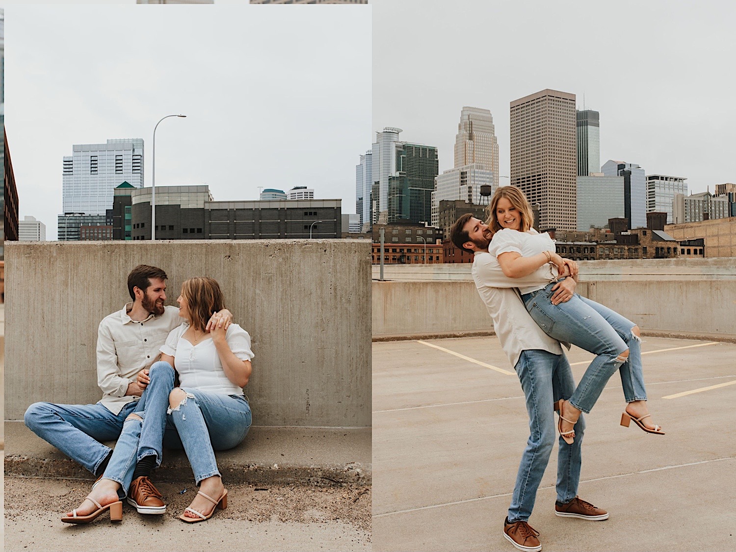 2 photos side by side, the right is of a couple sitting atop a parking garage and smiling at one another, the right is of them in the parking garage and the man is lifting the woman in the air as she smiles