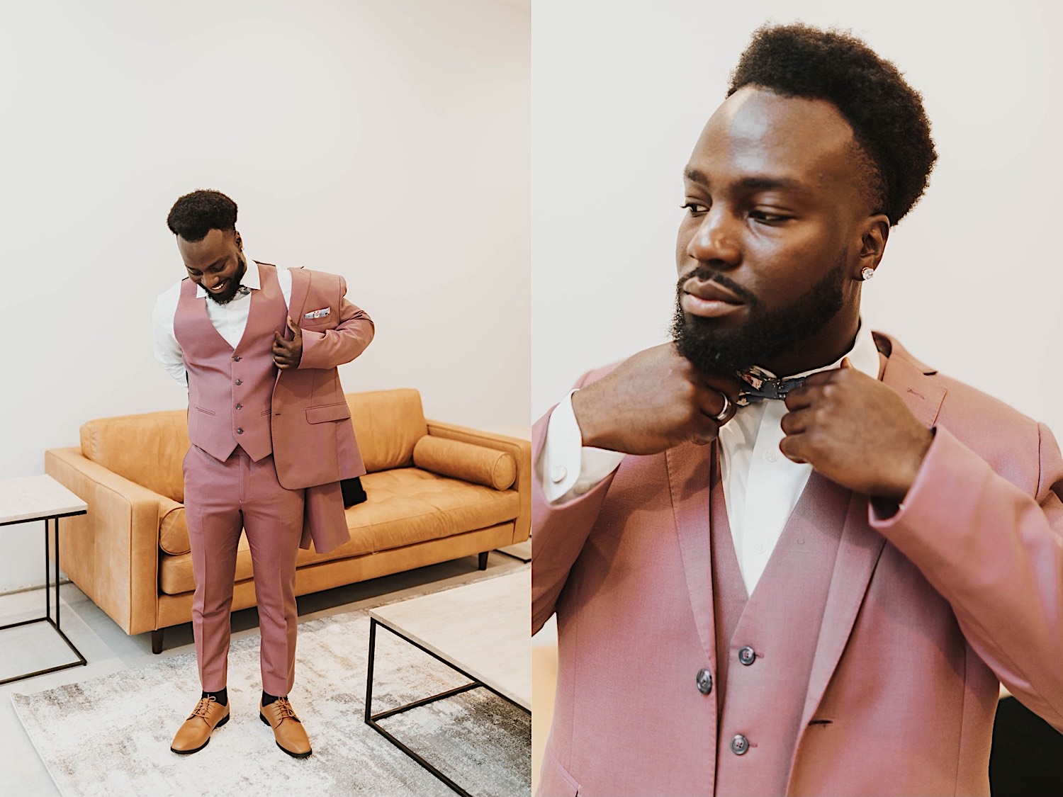 2 photos side by side, the left is of a groom standing and smiling while putting on his suit coat, the right is a close up photo of the groom as he adjusts his bow tie 2 photos side by side, the left is of a groom standing and smiling while putting on his suit coat, the right is a close up photo of the groom as he adjusts his bow tie