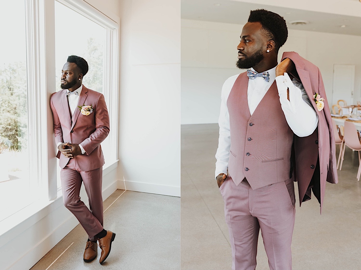 2 photos side by side of a groom, in the left photo he is posing next to a window and in the right he is holding his suit coat over his shoulder