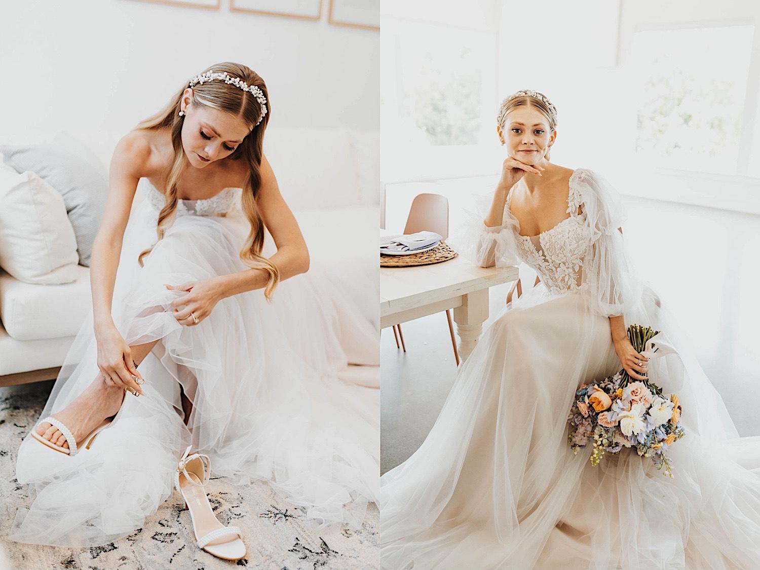 2 photos side by side of a bride, in the left photo she is sitting on a couch adjusting her shoe, in the right photo she is sitting at a table and smiling at the camera