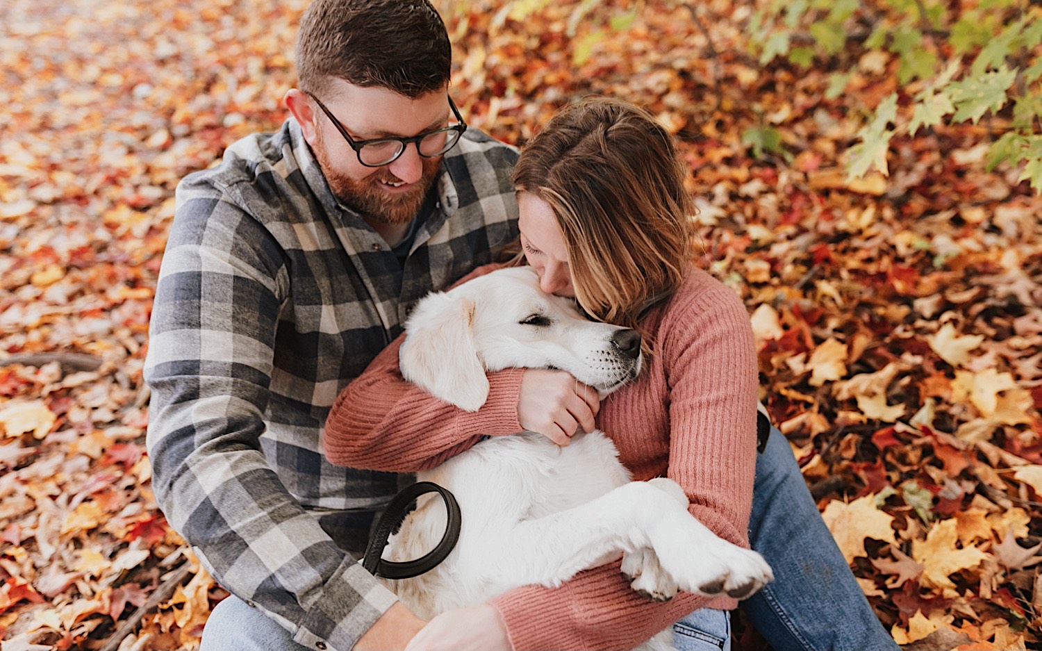 A couple sit on the ground covered in leaves, between them their dog is lying on their laps, the woman kisses the dogs head while the man smiles down at the dog during their fall engagement session in Winona