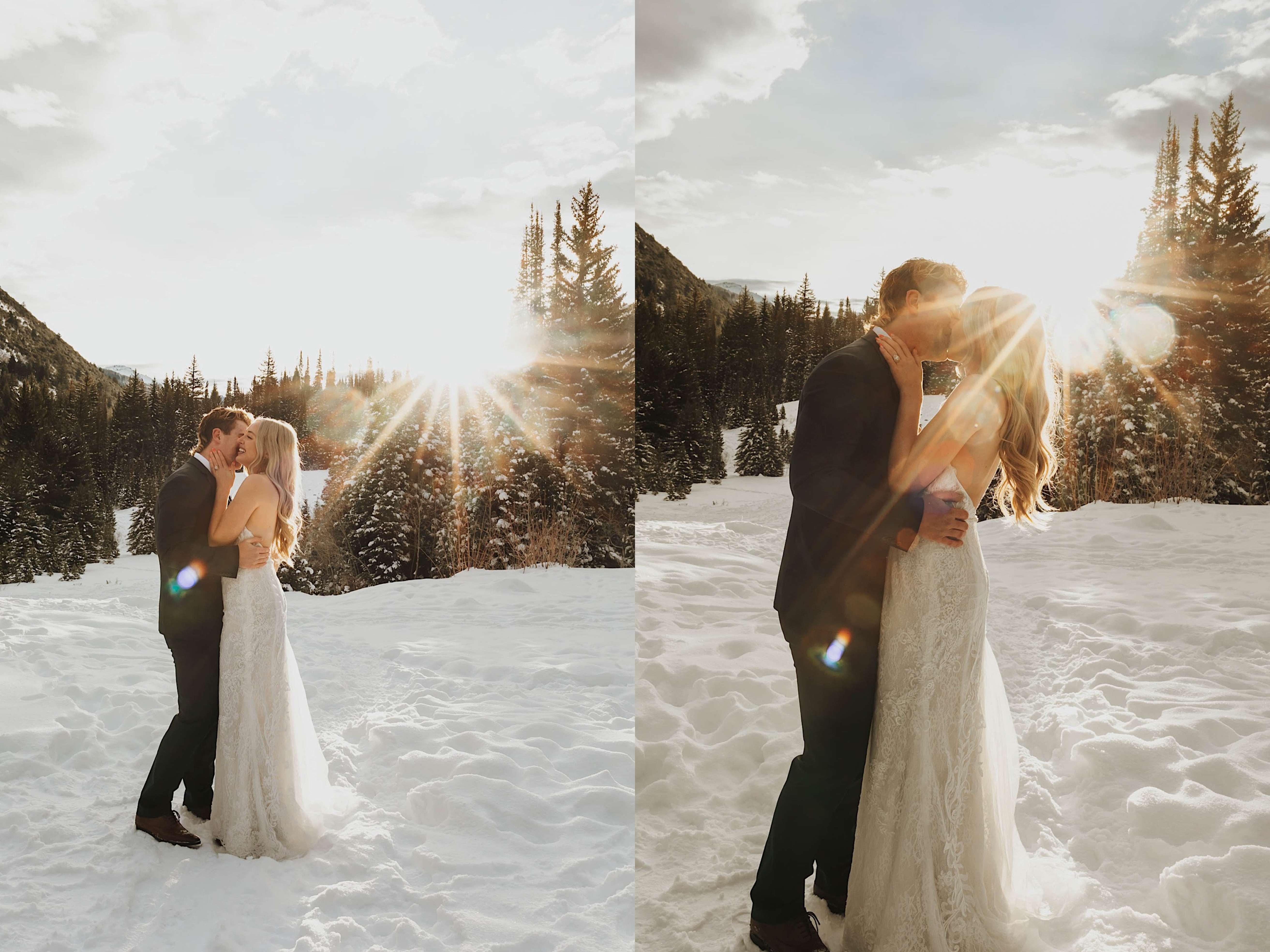 2 photos of a bride and groom kissing one another standing in a snow covered forest while the sun sets behind them