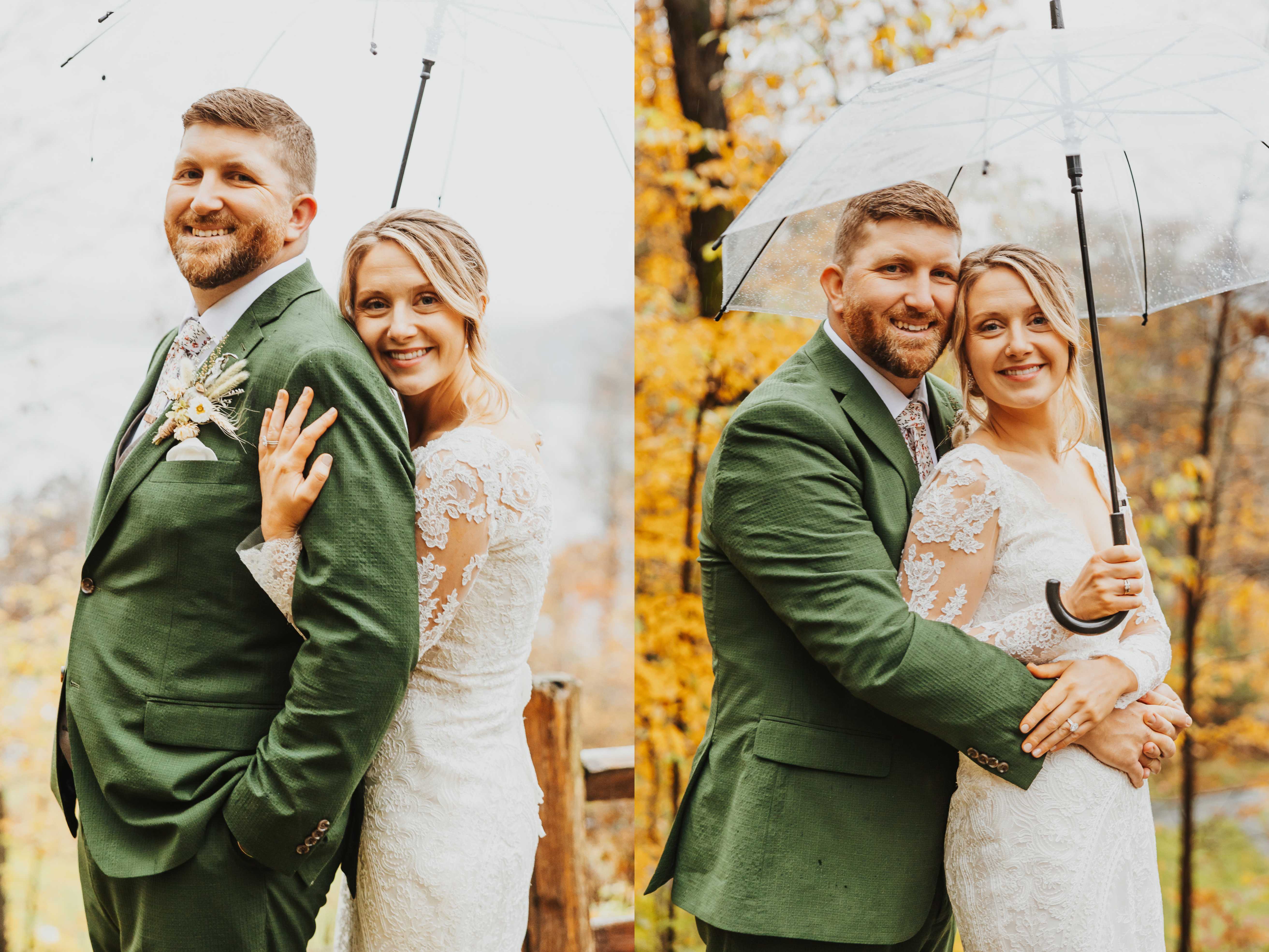 2 photos side by side of a bride and groom smiling at the camera under an umbrella, in the left the bride is hugging the groom from behind and in the right the groom is hugging the bride from behind