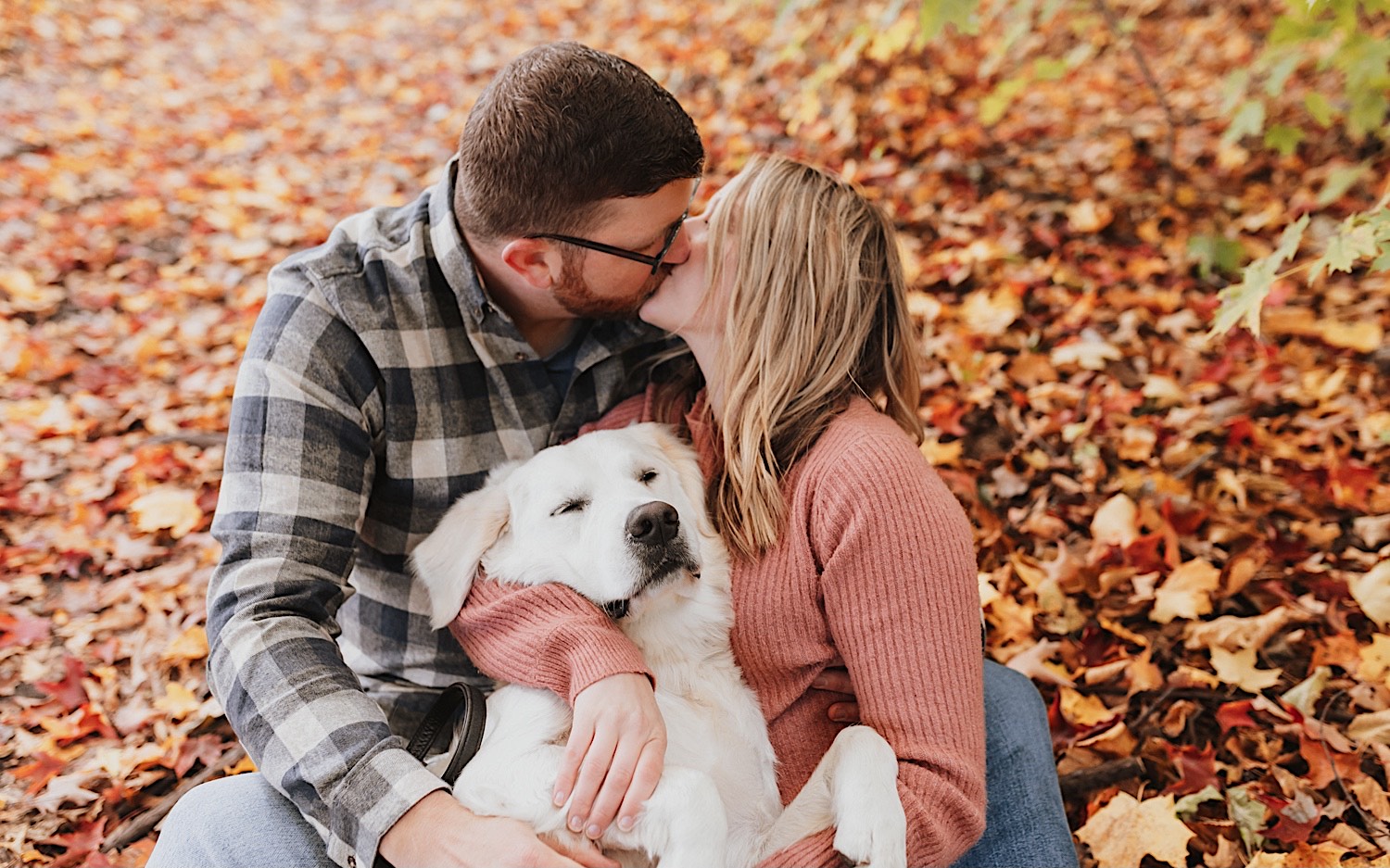 A couple sit on the ground covered in leaves and kiss one another during their fall engagement session in Winona, between them is their dog who is laying across their laps belly up with his eyes closed