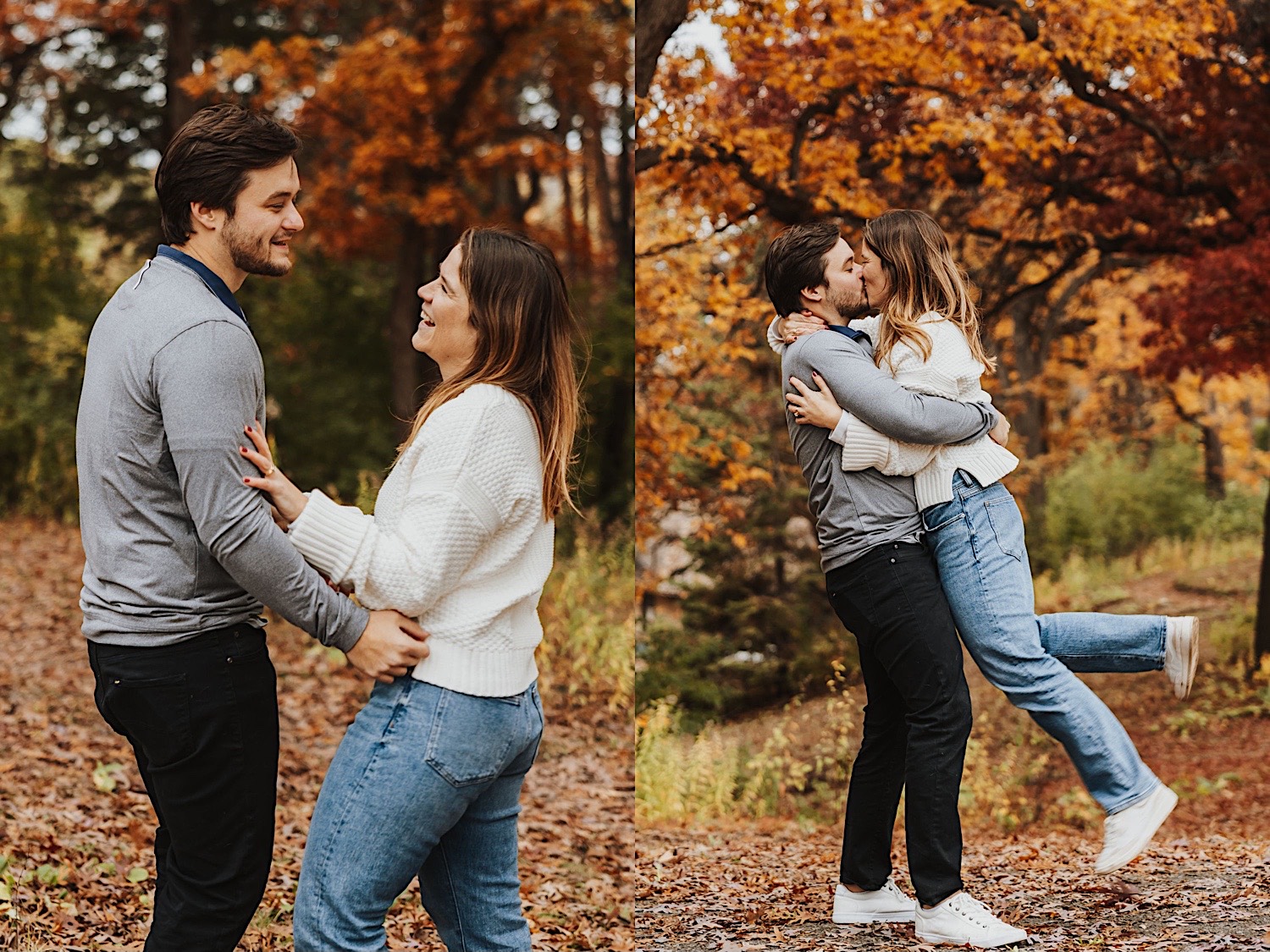 2 photos side by side of a couple in Theodore Wirth Park, the left is of them laughing and holding one another and the right is of them kissing as the man lifts the woman in the air