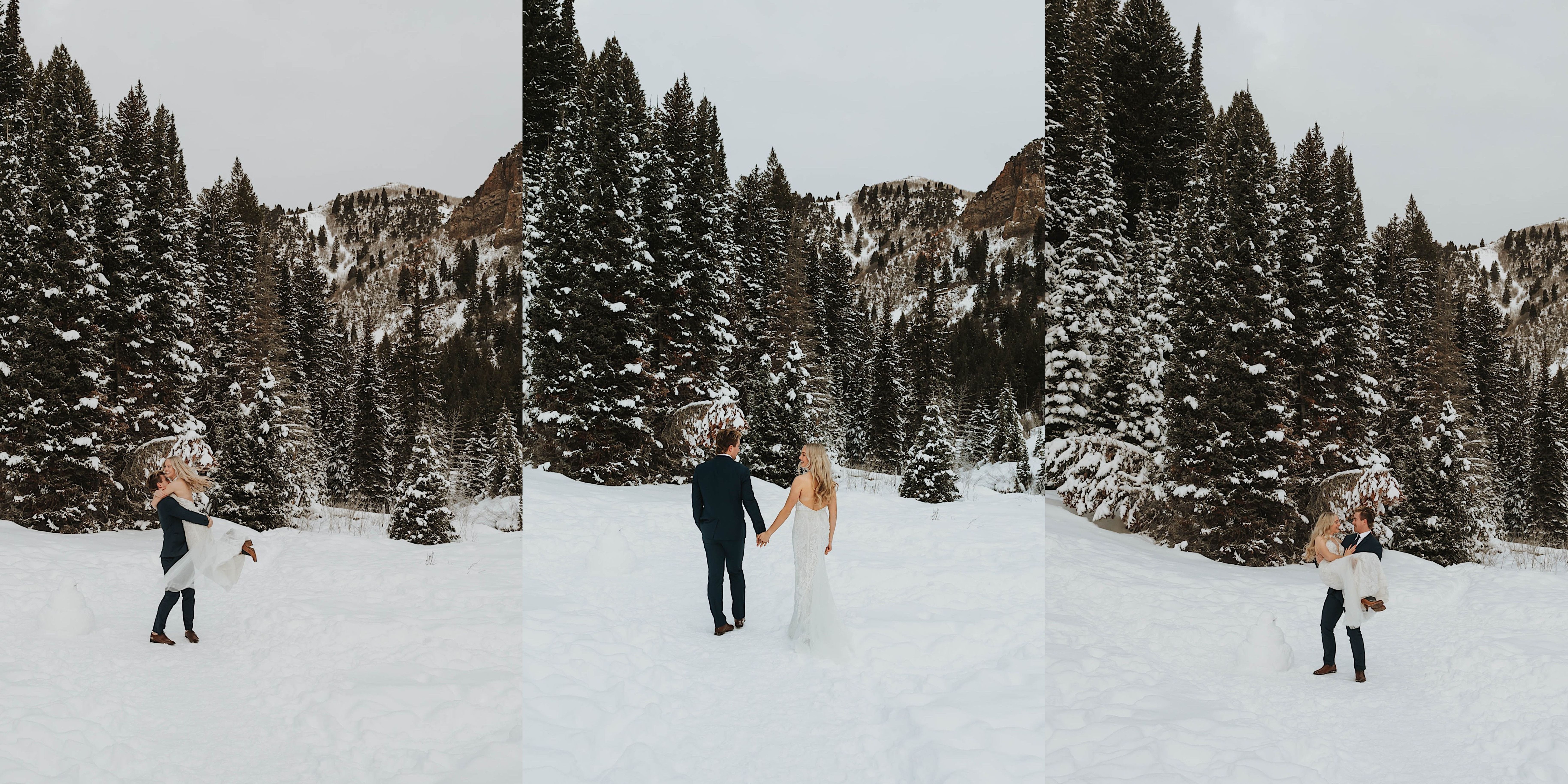 3 photos side by side of a bride and groom in a snow covered forest, the left has the groom holding and spinning the bride around, the middle is of the bride and groom holding hands facing away from the camera, and the right is of the groom holding the bride while they smile at one another