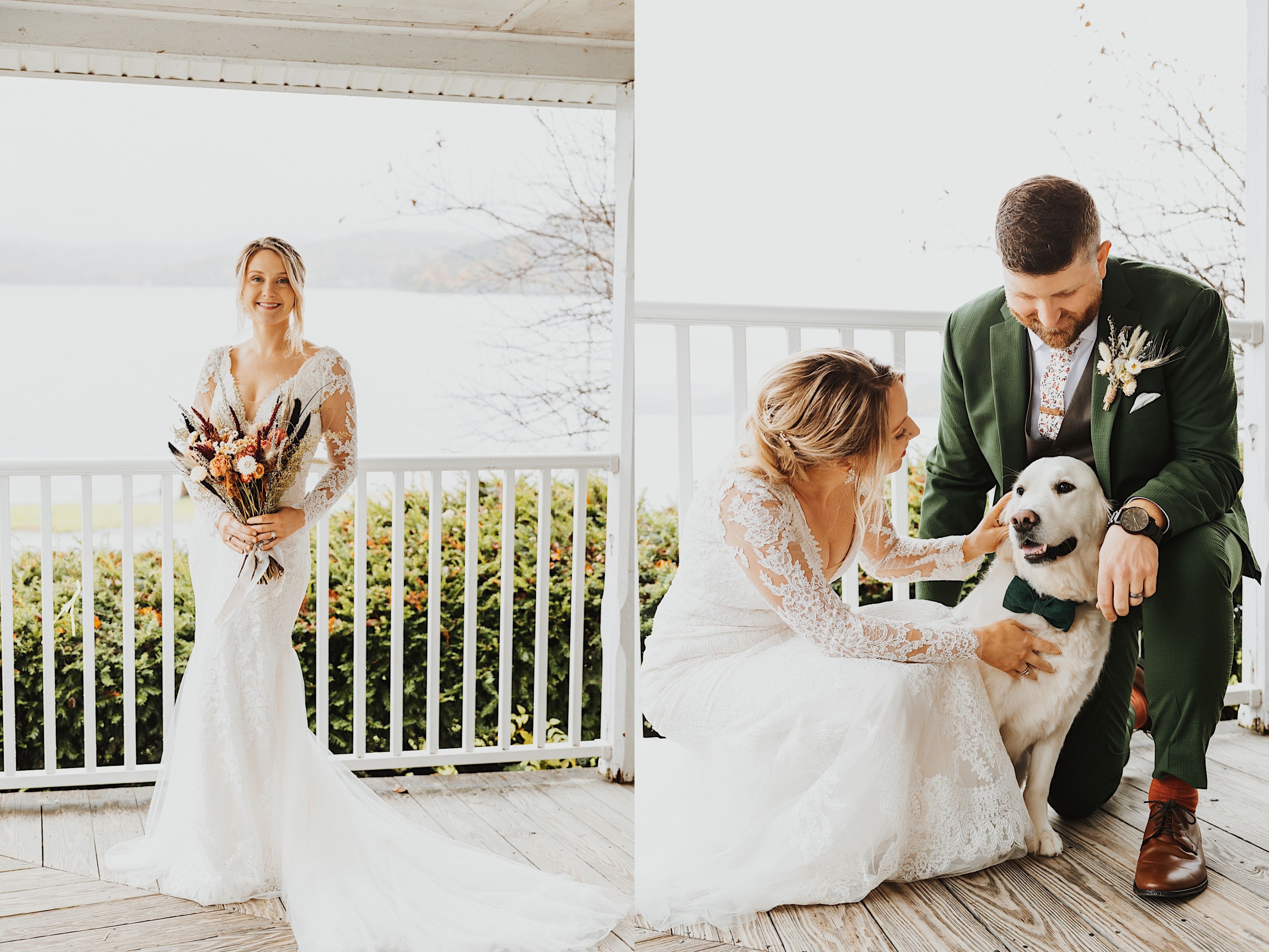 2 photos side by side, the left is a portrait photo of the bride smiling at the camera while on the front porch of a home, the right is of the bride with the groom crouching down as they pet their dog together