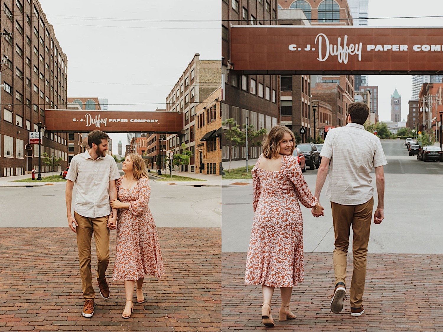 2 photos side by side of a couple in downtown Minneapolis, in the left they hold hands and walk towards the camera, in the right they're holding hands and walking away from the camera while the woman looks back over her shoulder