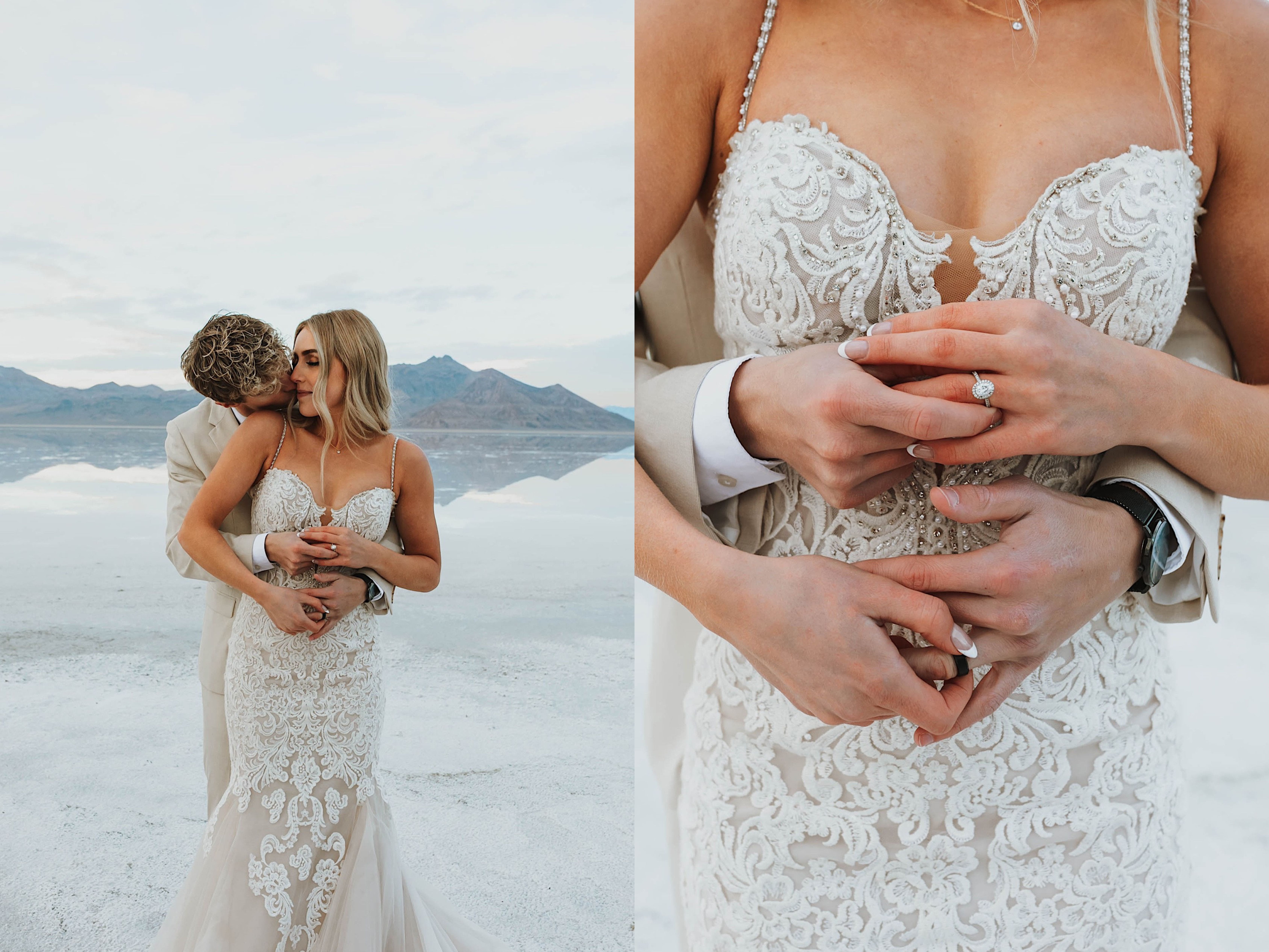 2 photos side by side, the left is of a bride and groom standing in the Utah Salt Flats embrace as the groom kisses the bride on the cheek while standing behind her, the right photo is a close up of the couples hands from the previous photo showing off their wedding rings