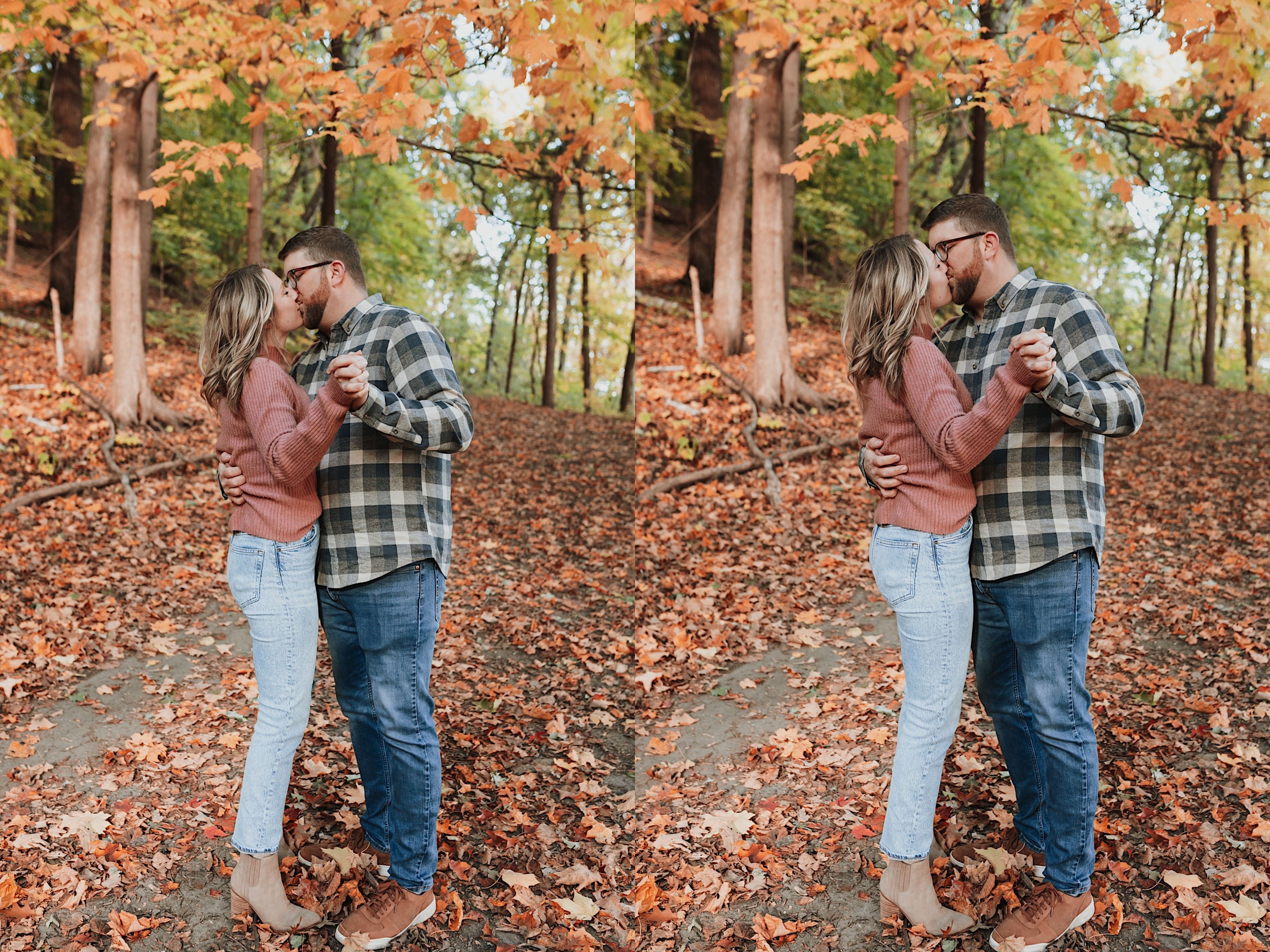 Two photos side by side of a couple standing on a trail in a forest that is covered in fall colored leaves as they dance with one another and kiss each other