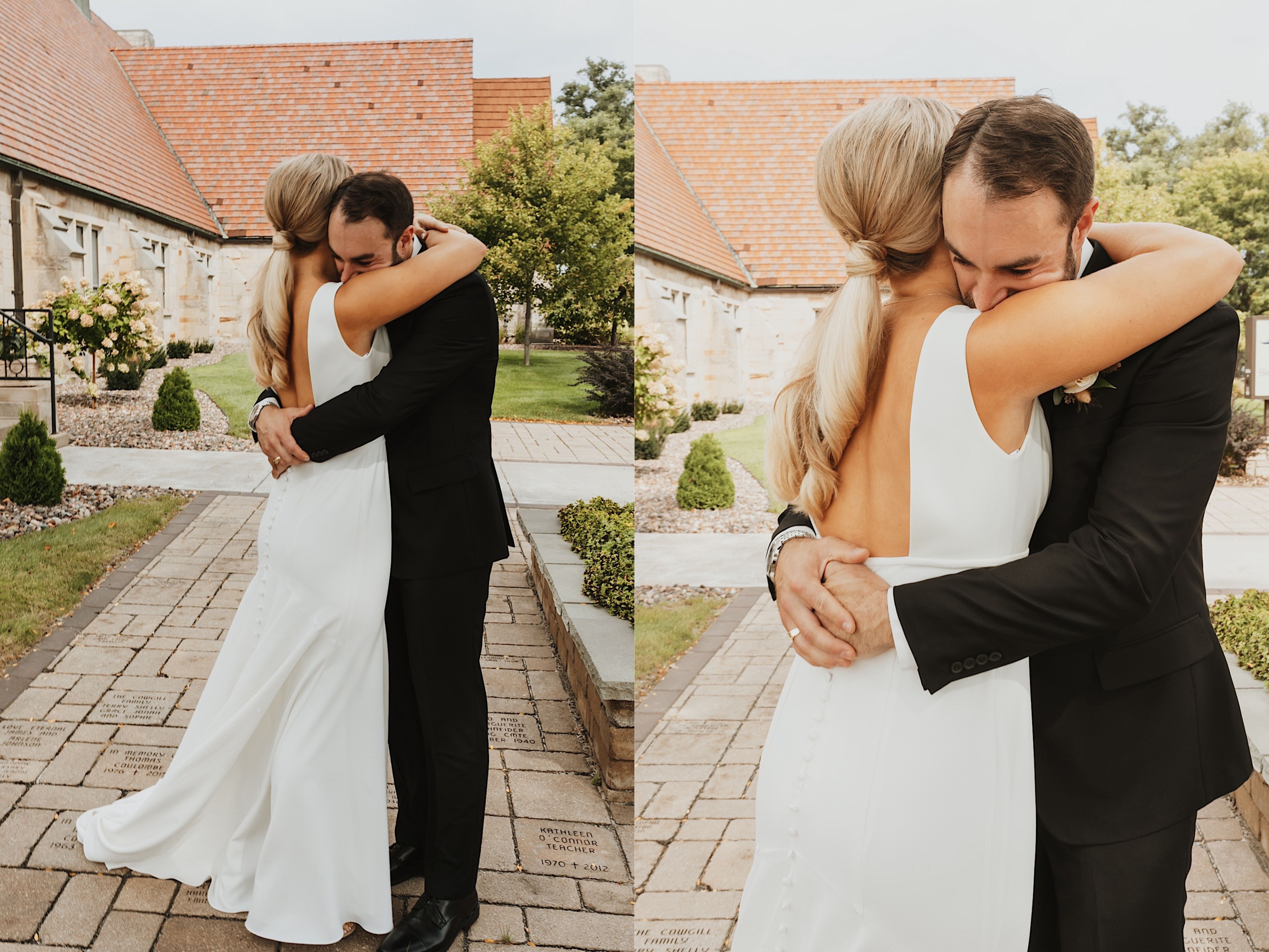 2 photos next to one another of a bride and groom hugging each other, the right photo is a closeup